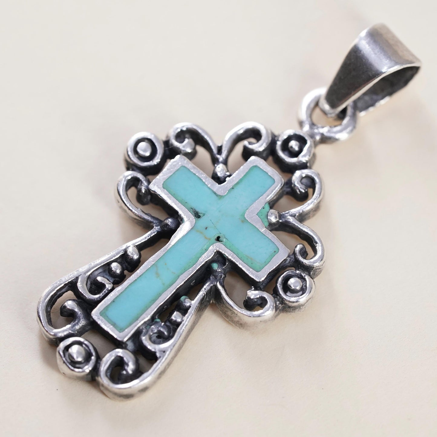 Vintage southwestern Mexican Sterling silver pendant, filigree 925 cross with turquoise inlay, stamped 925 Mex
