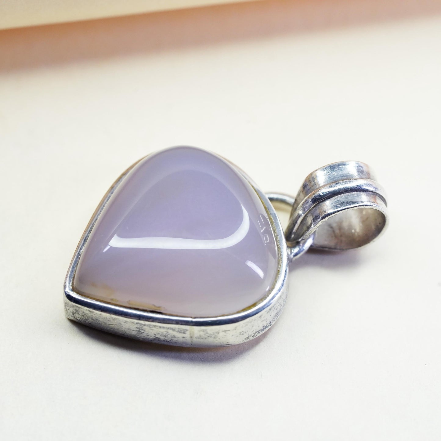 Vintage Sterling 925 silver handmade pendant lavender pink teardrop Chalcedony