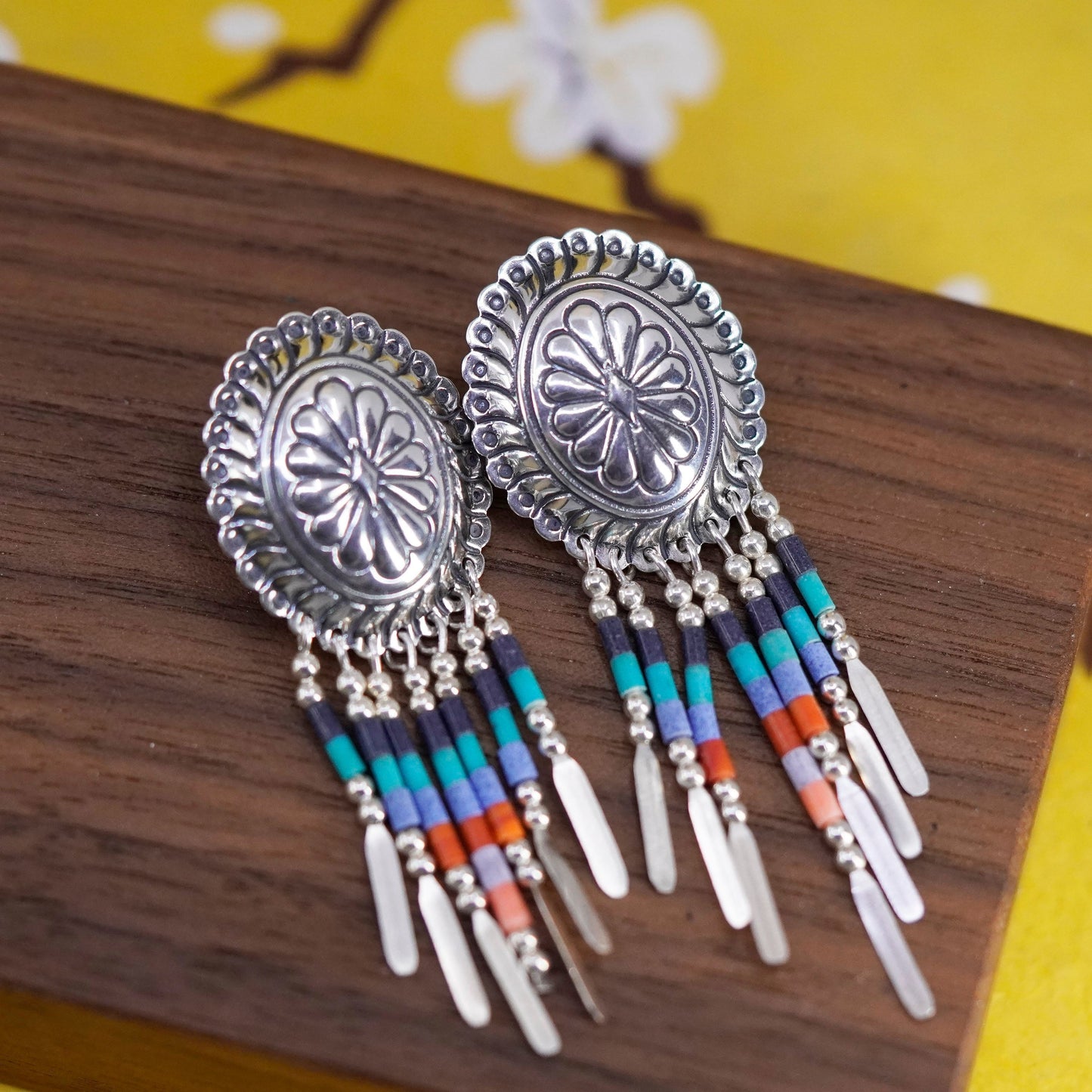 Quoc Turquoise Q.T. Sterling Silver Earrings, 925 studs malachite fringe drops