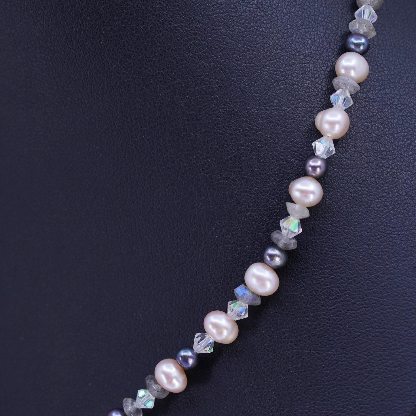 16" Vintage Sterling 925 silver handmade necklace With Pearl, Crystal Beads