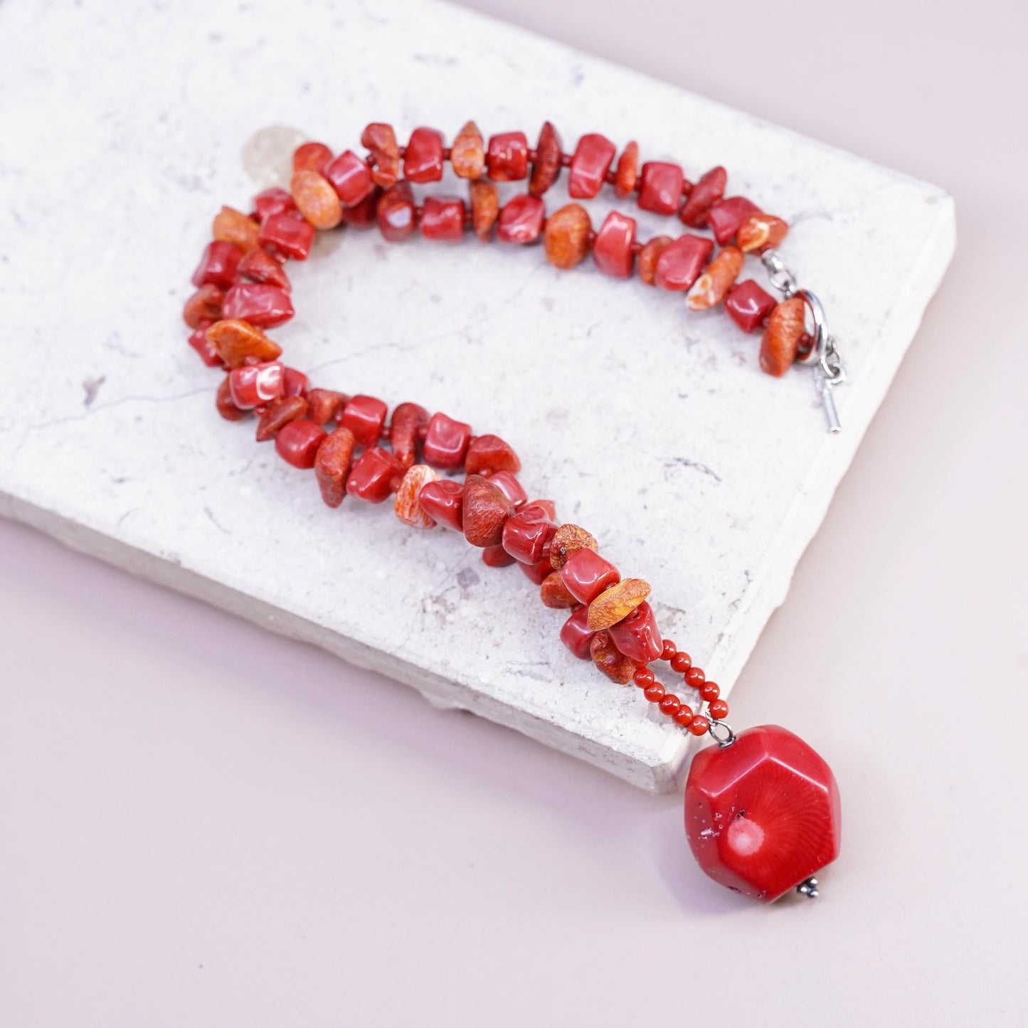 16", silver tone necklace, coral beads necklace pendant with toggle closure