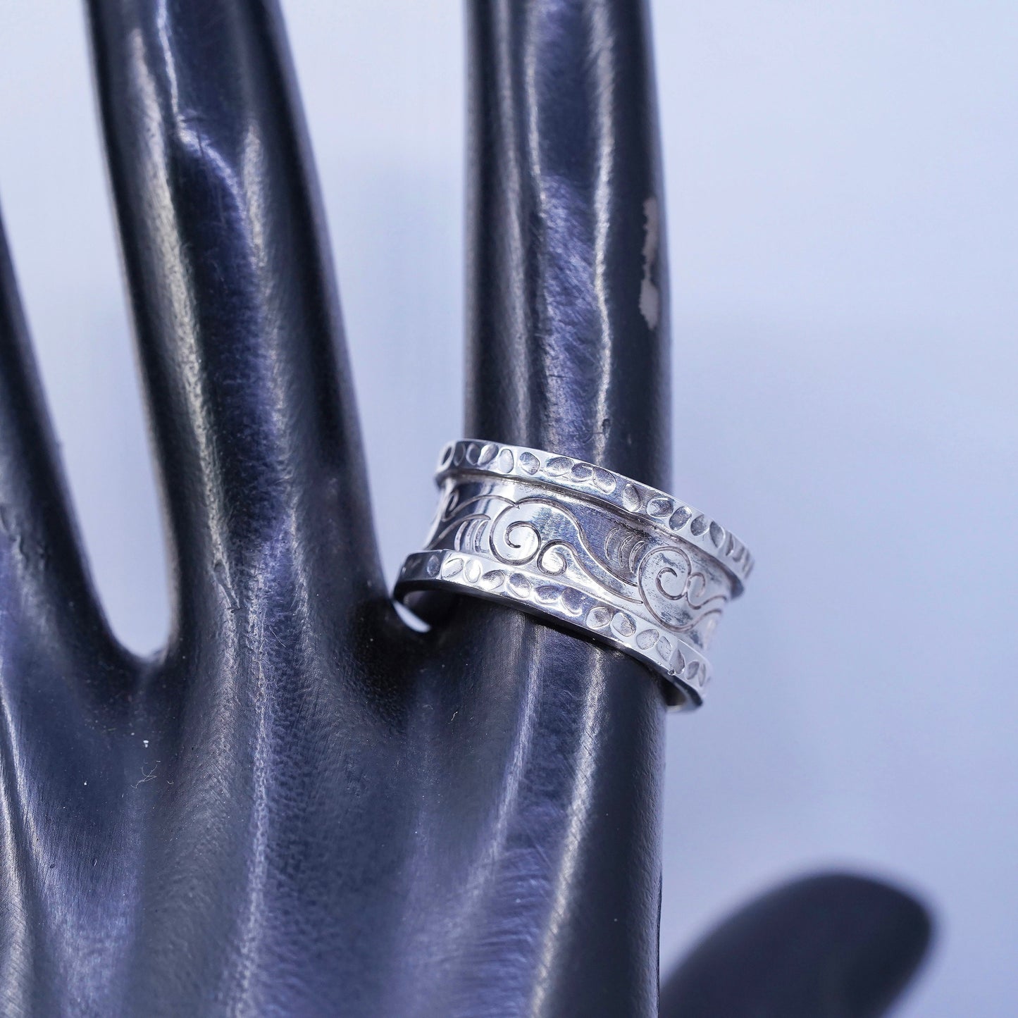 Size 9, Designer Milo Sterling 925 silver ring, wide textured band