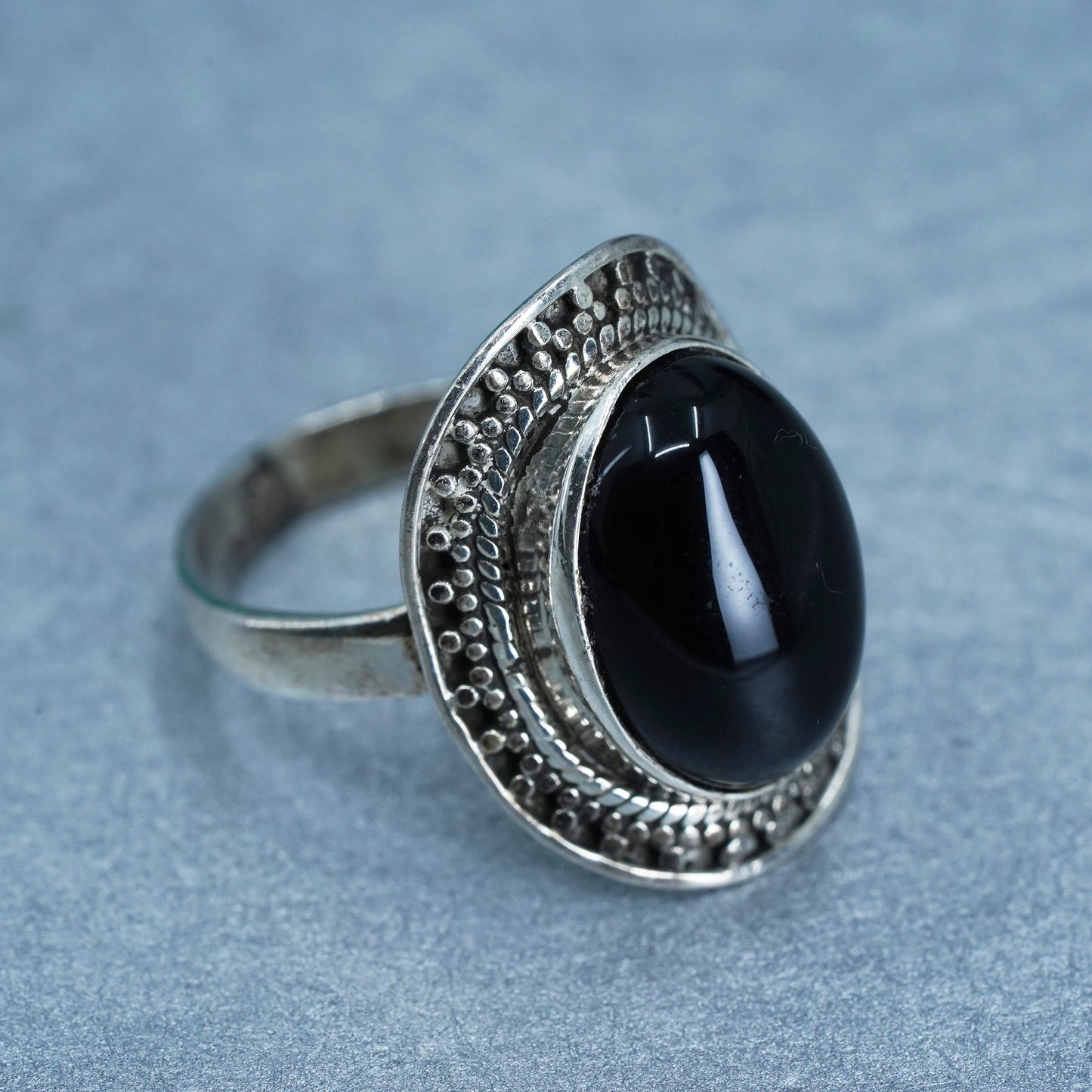 Size 6, vintage Sterling 925 silver handmade ring with onyx and beads