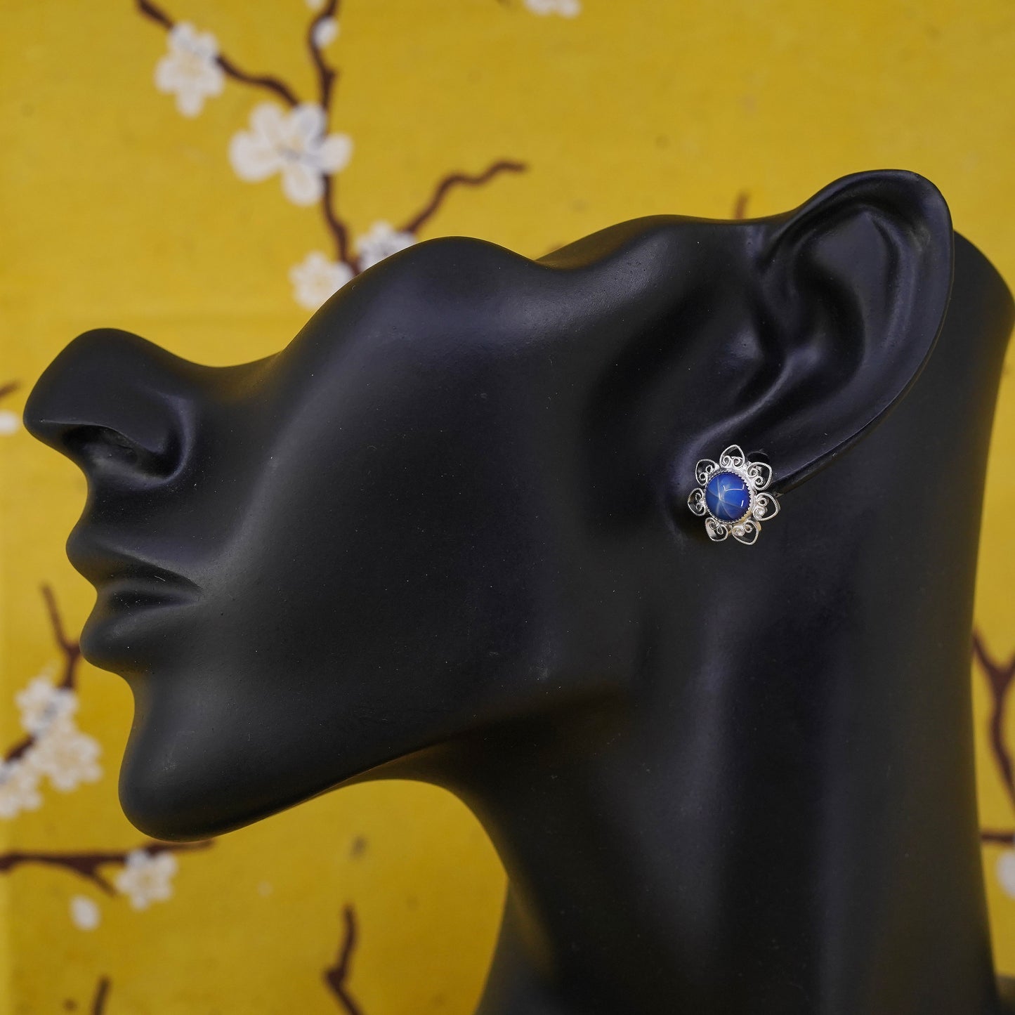 Vintage Sterling silver handmade earrings, 925 filigree studs w/ star sapphire