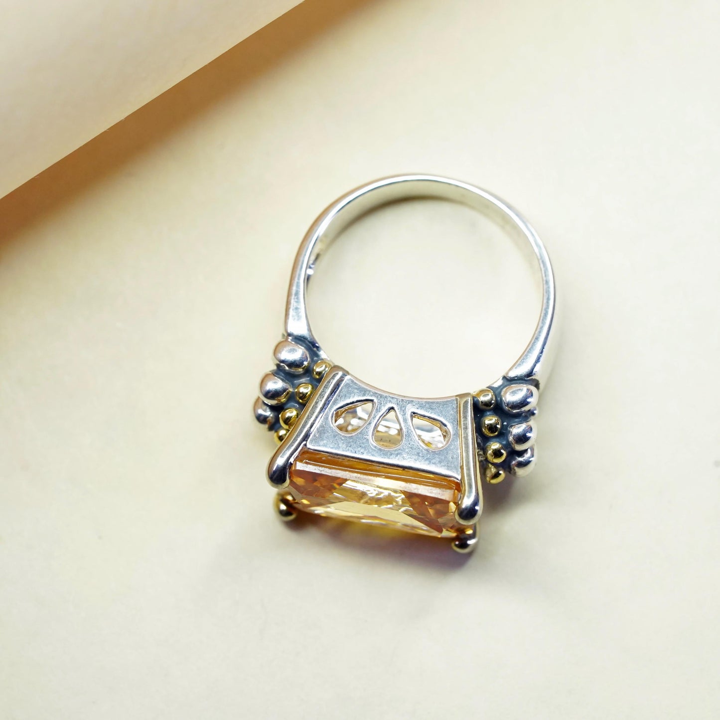 Size 6, vintage Sterling 925 silver cocktail ring citrine 14K yellow gold beads