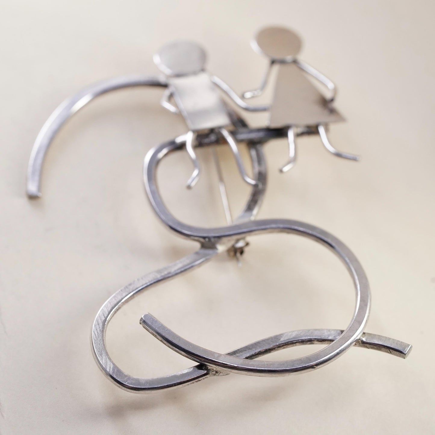 Vintage sterling silver handmade brooch, 925 silver love couple huge brooch