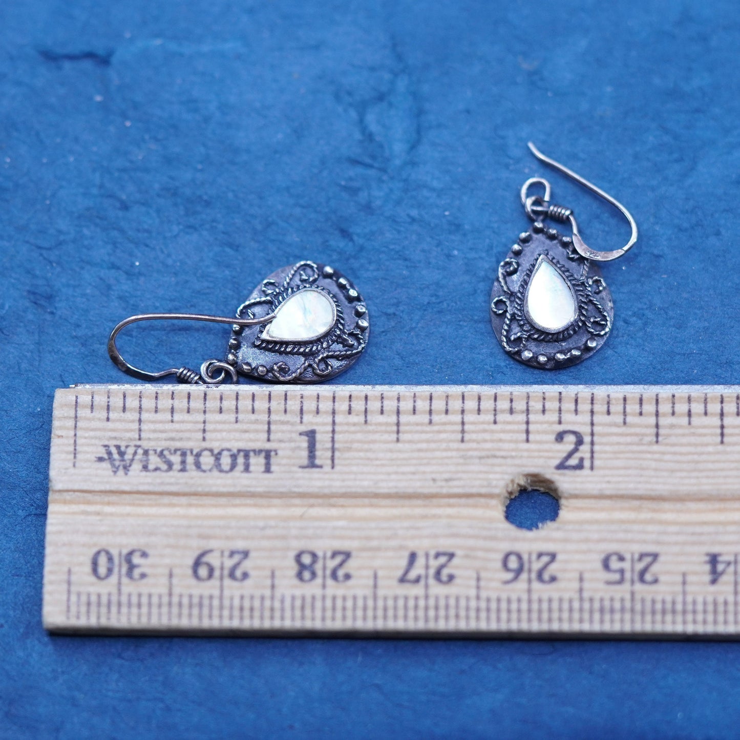Sterling 925 silver handmade teardrop earrings with mother of pearl and beads