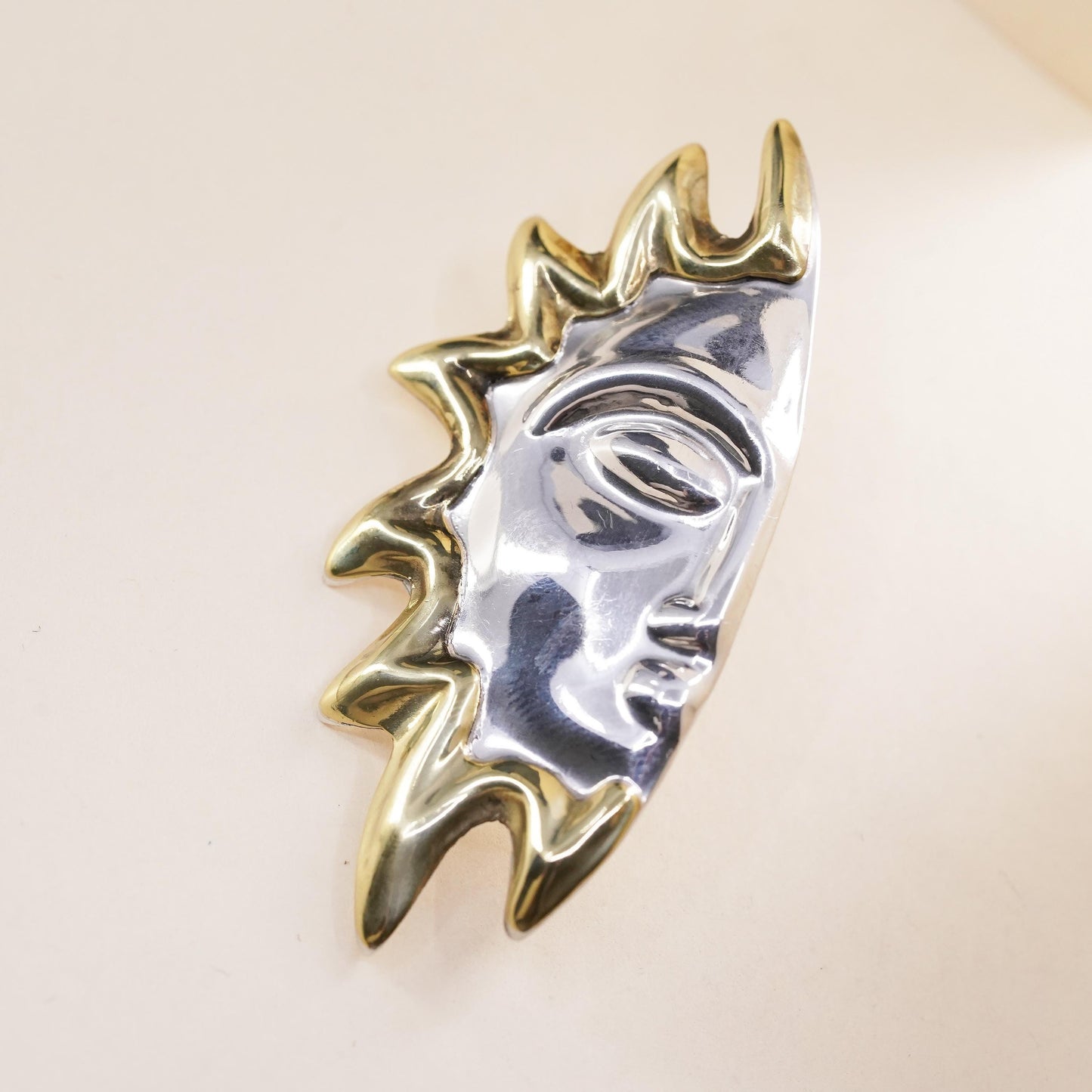 Vintage Mexican two tone sterling silver handmade half sun face single earring