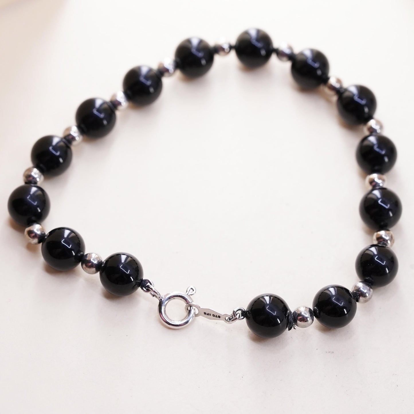 7” 7mm, Vintage Sterling 925 silver handmade bracelet with onyx beads