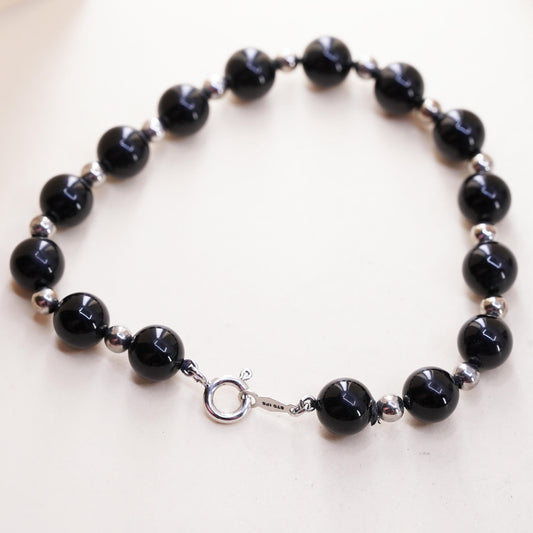 7” 7mm, Vintage Sterling 925 silver handmade bracelet with onyx beads