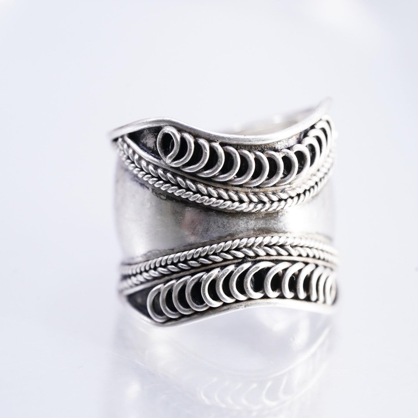 Size 9, Sterling Silver Wide Cigar Band Ring, Boho Ring, Openwork Rope 925 Band