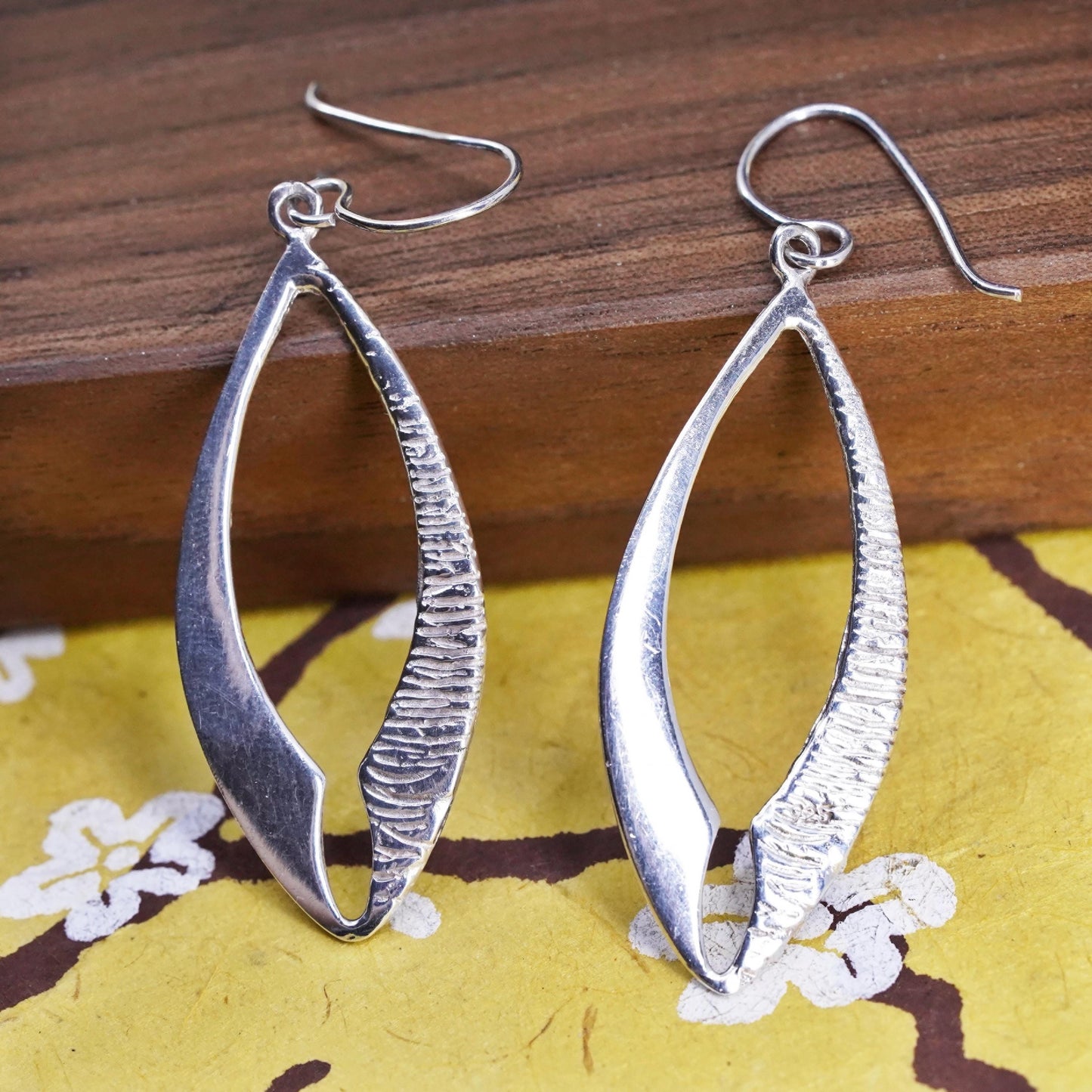 Vintage Sterling silver handmade earrings, 925 leaves shaped, textured dangles