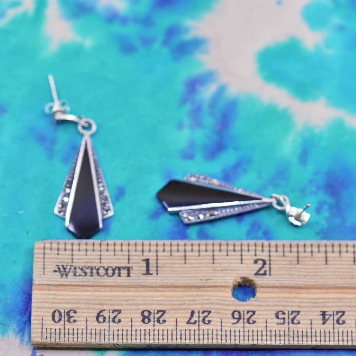 vtg Sterling 925 Silver handmade Earrings with black onyx and marcasite around
