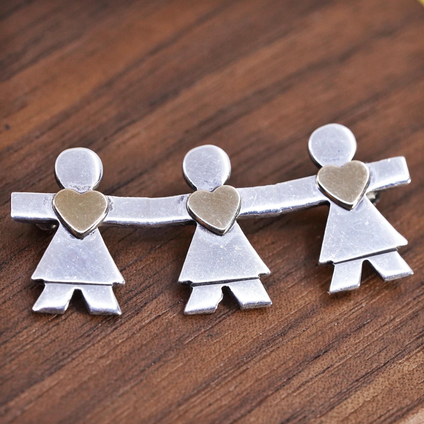 Signed Naldo Sterling Silver Girls Holding Hands Brooch, friendship 925 jewelry