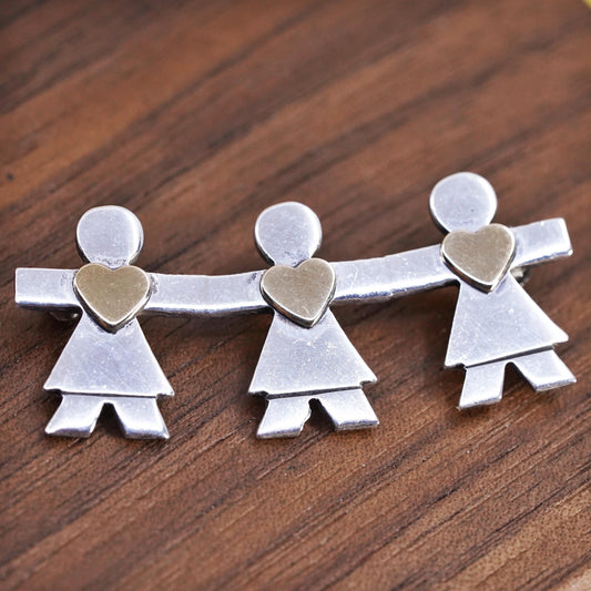 Signed Naldo Sterling Silver Girls Holding Hands Brooch, friendship 925 jewelry