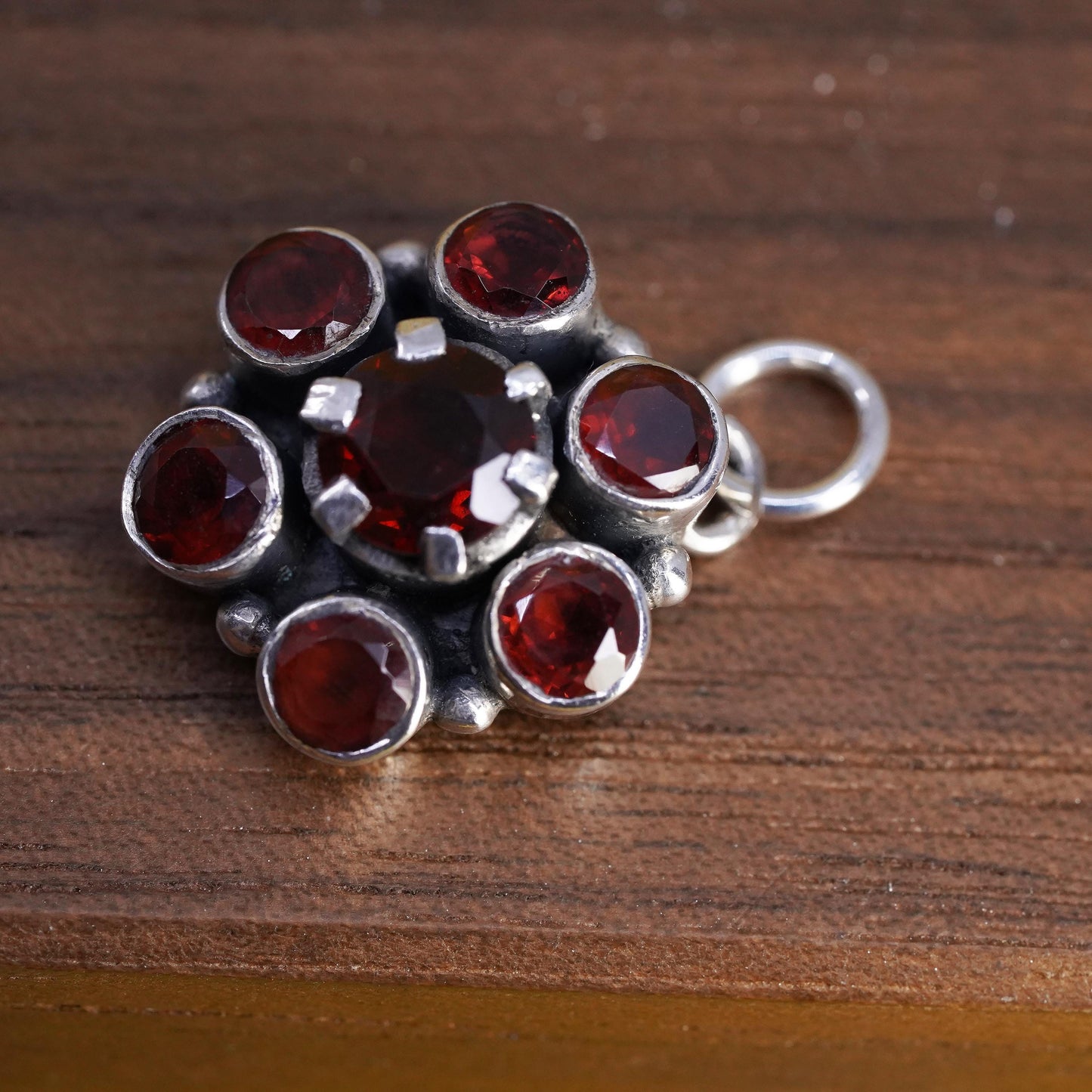 Vintage Sterling silver handmade pendant, 925 silver flower charm with garnet