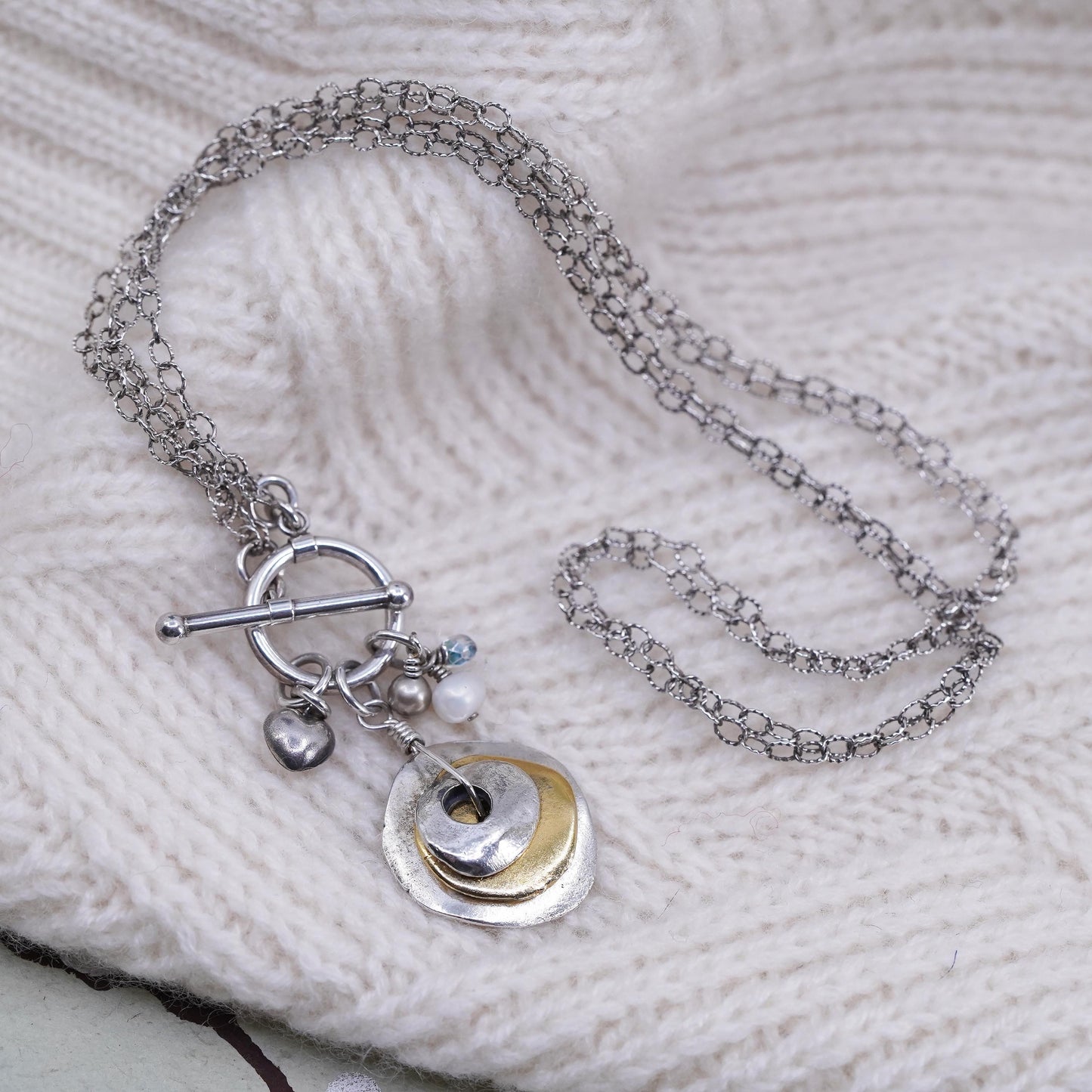 16", southwestern sterling silver double circle chain two tone discs pendant