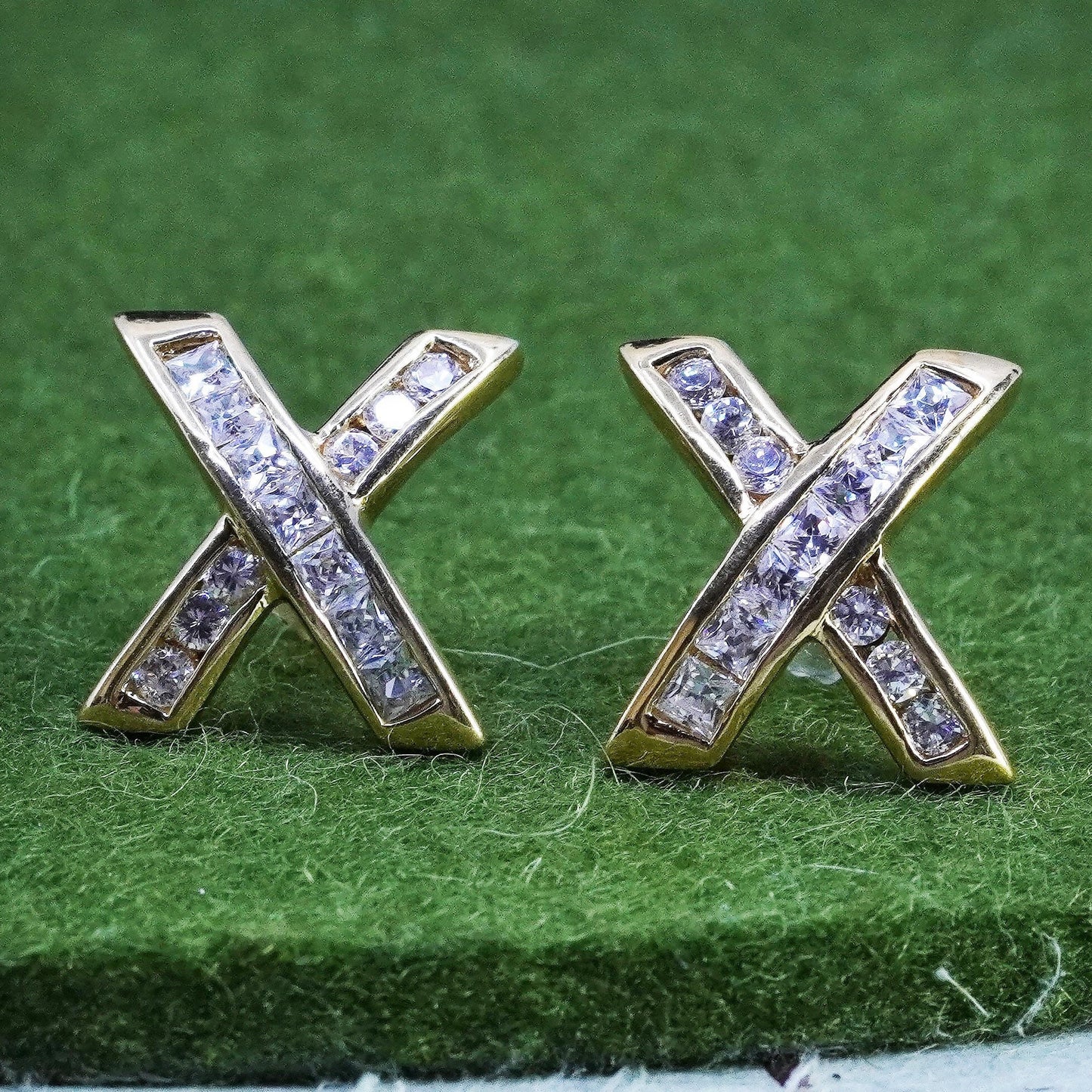 Vintage vermeil gold over sterling 925 silver cross X studs, earrings with cz