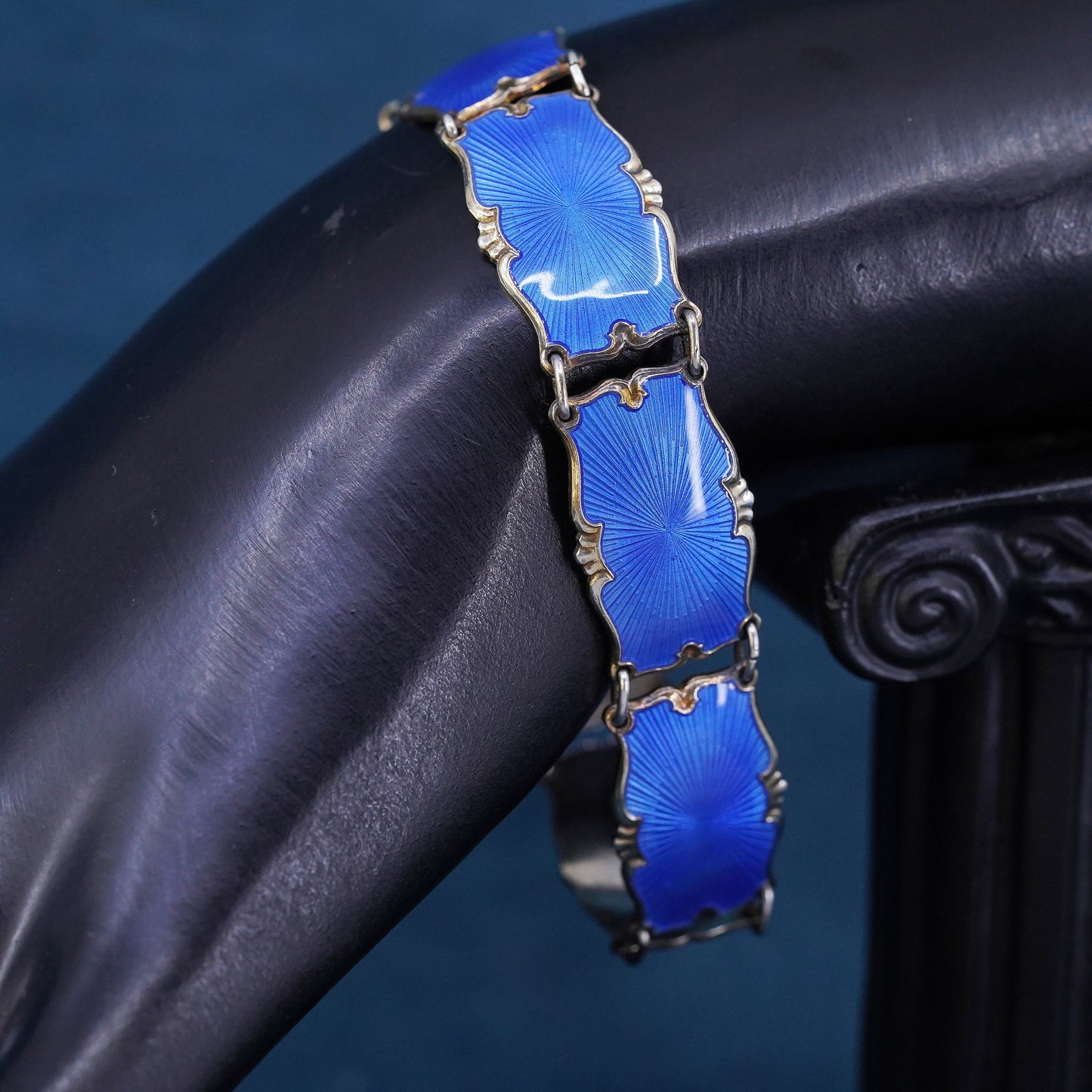 7.25”, Norway gold over sterling 925 silver handmade bracelet with blue enamel