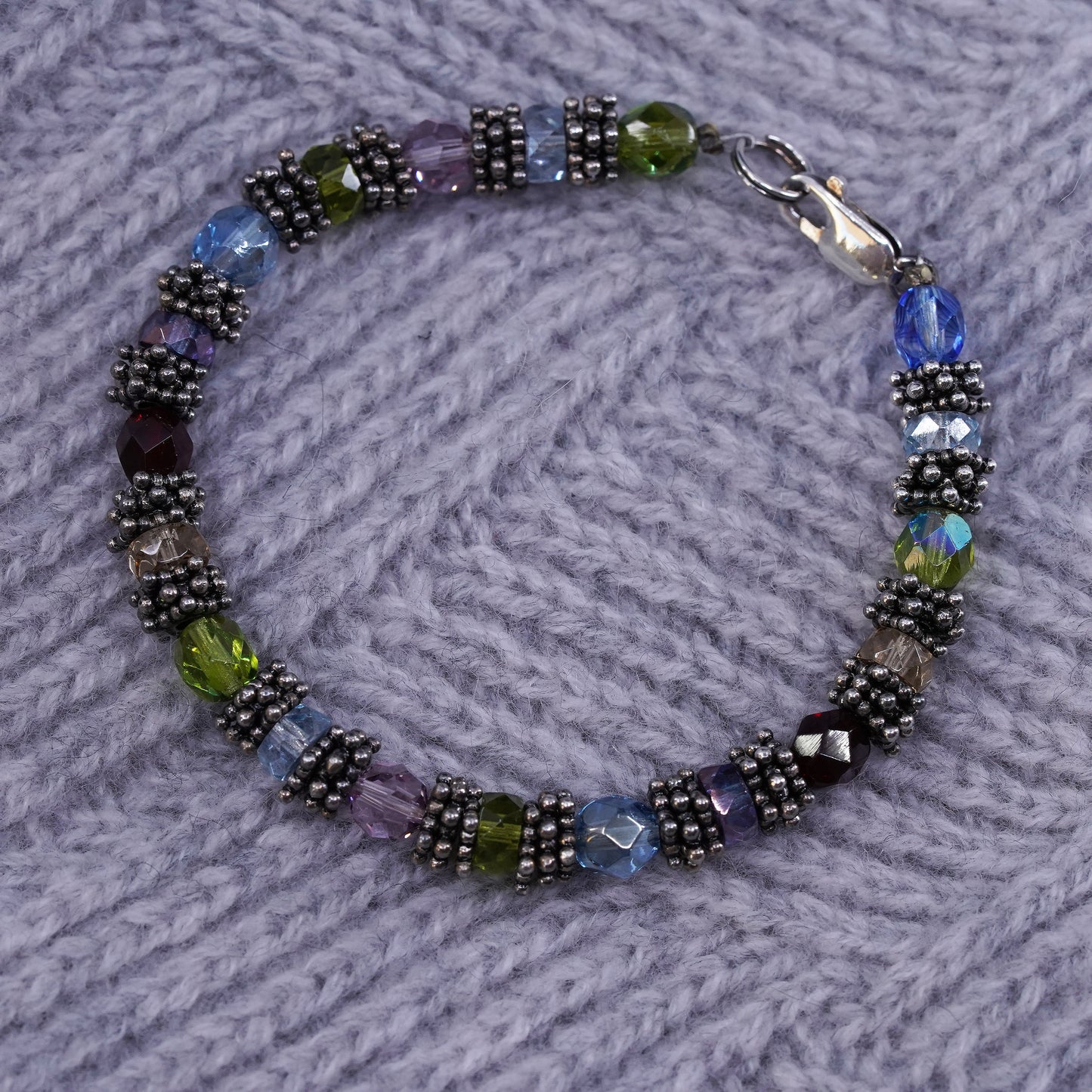 6.5", Sterling 925 silver bracelet with colorful crystal peridot garnet citrine