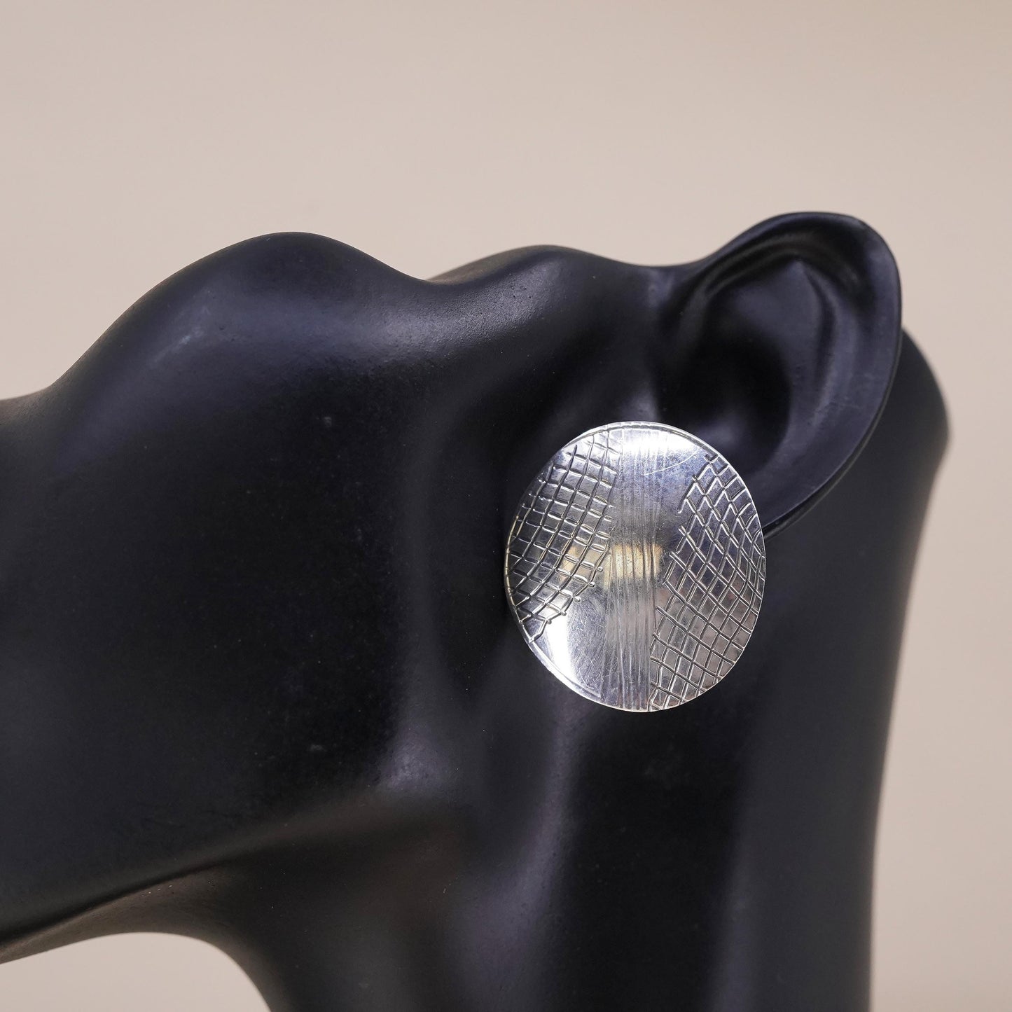 Vintage handmade single earring. Sterling 925 silver textured disc stud