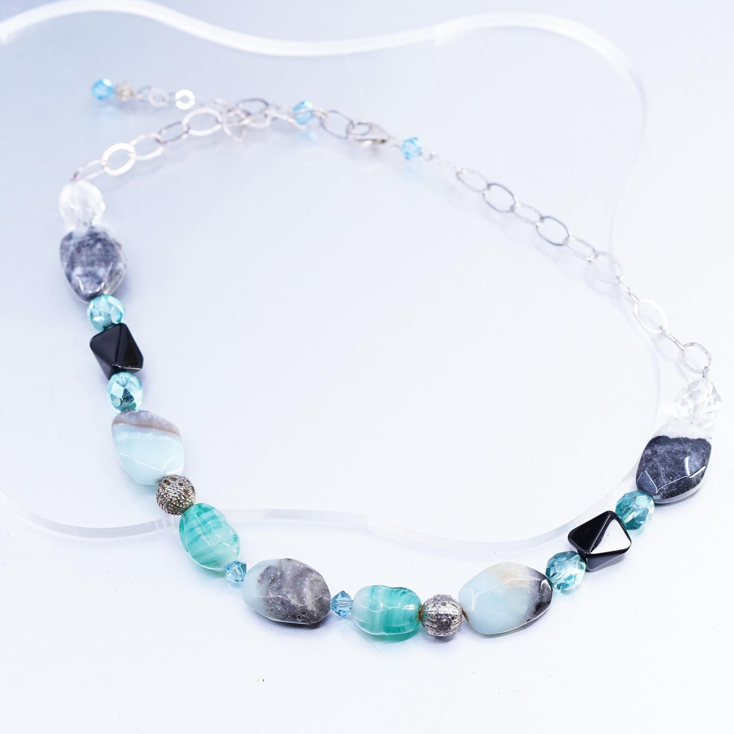 16+2", Sterling 925 silver oval chain necklace with larimar agate bead pendant