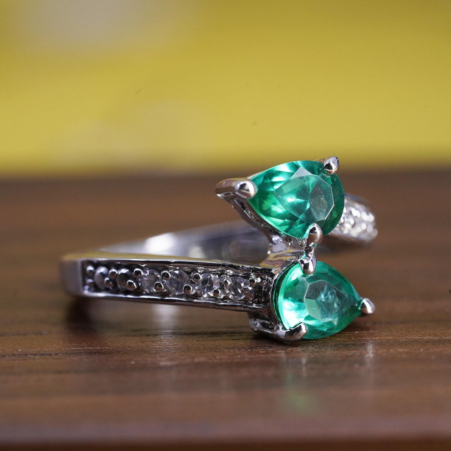 Size 6, VTG Emerald Diamond Bypass Toi et Moi Ring, Sterling Silver 925 Ring