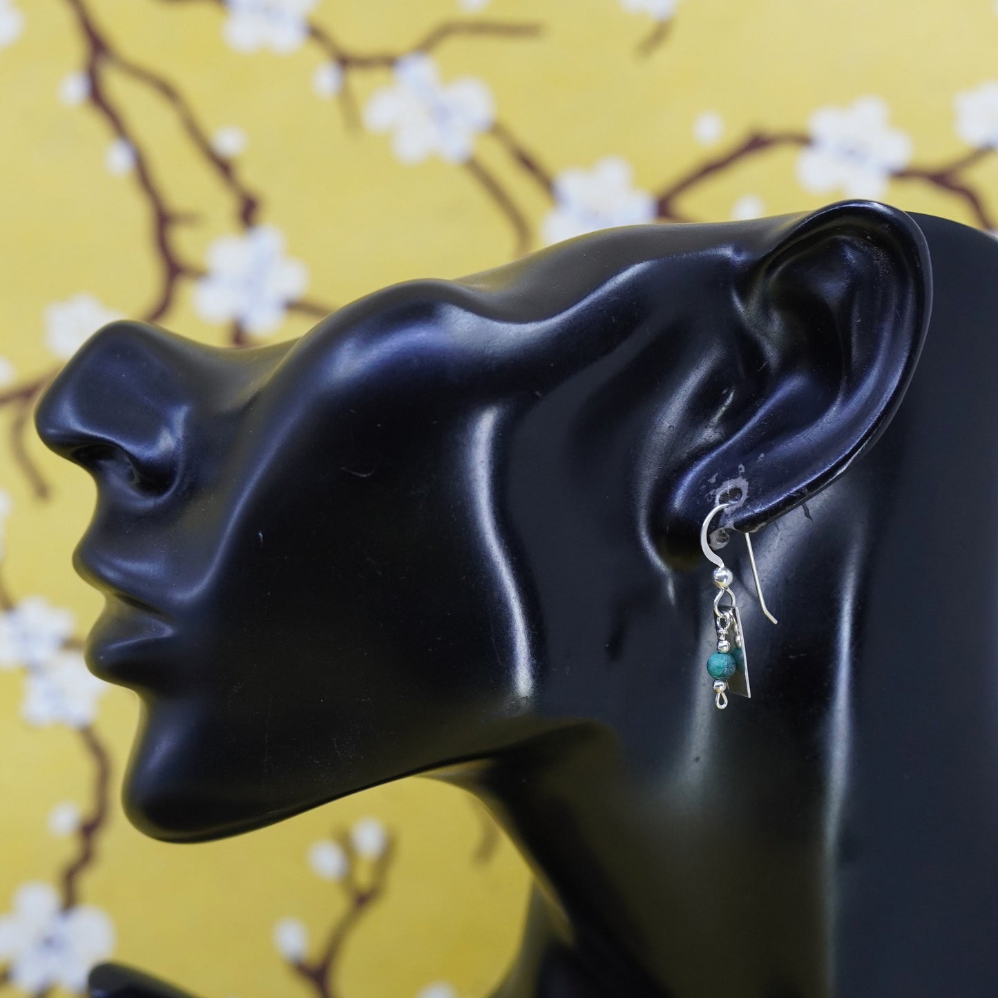 Vintage Sterling 925 silver handmade tag earrings with turquoise bead