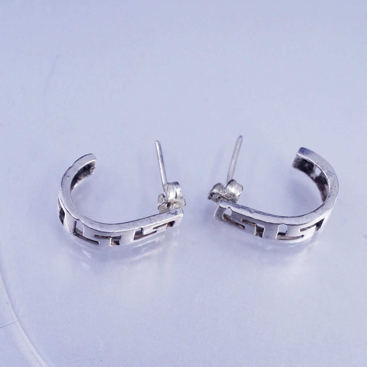Vintage Sterling 925 silver handmade huggie studs earrings Greek key cut out