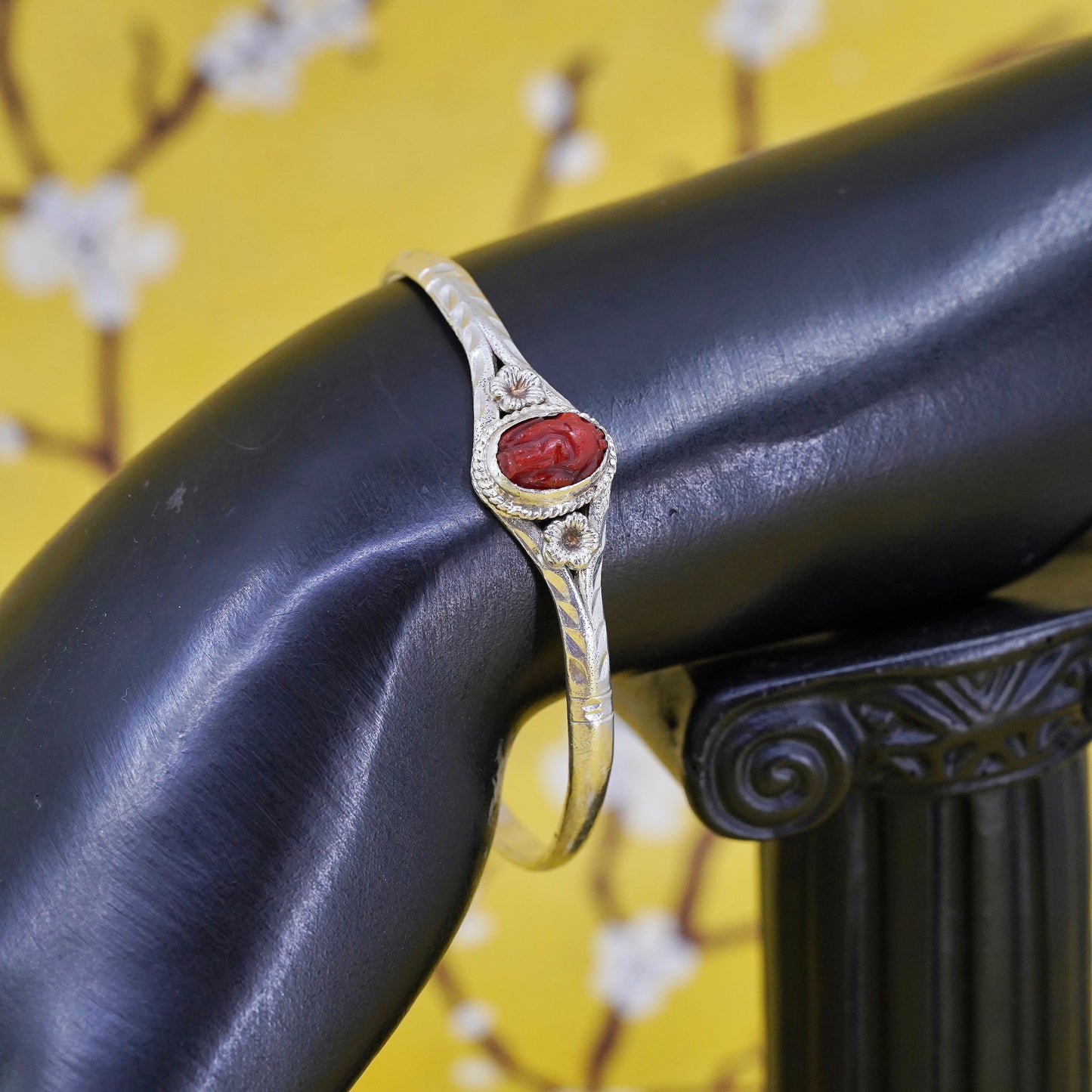 Vintage Sterling silver handmade bracelet, 925 baby bangle with carved cinnabar