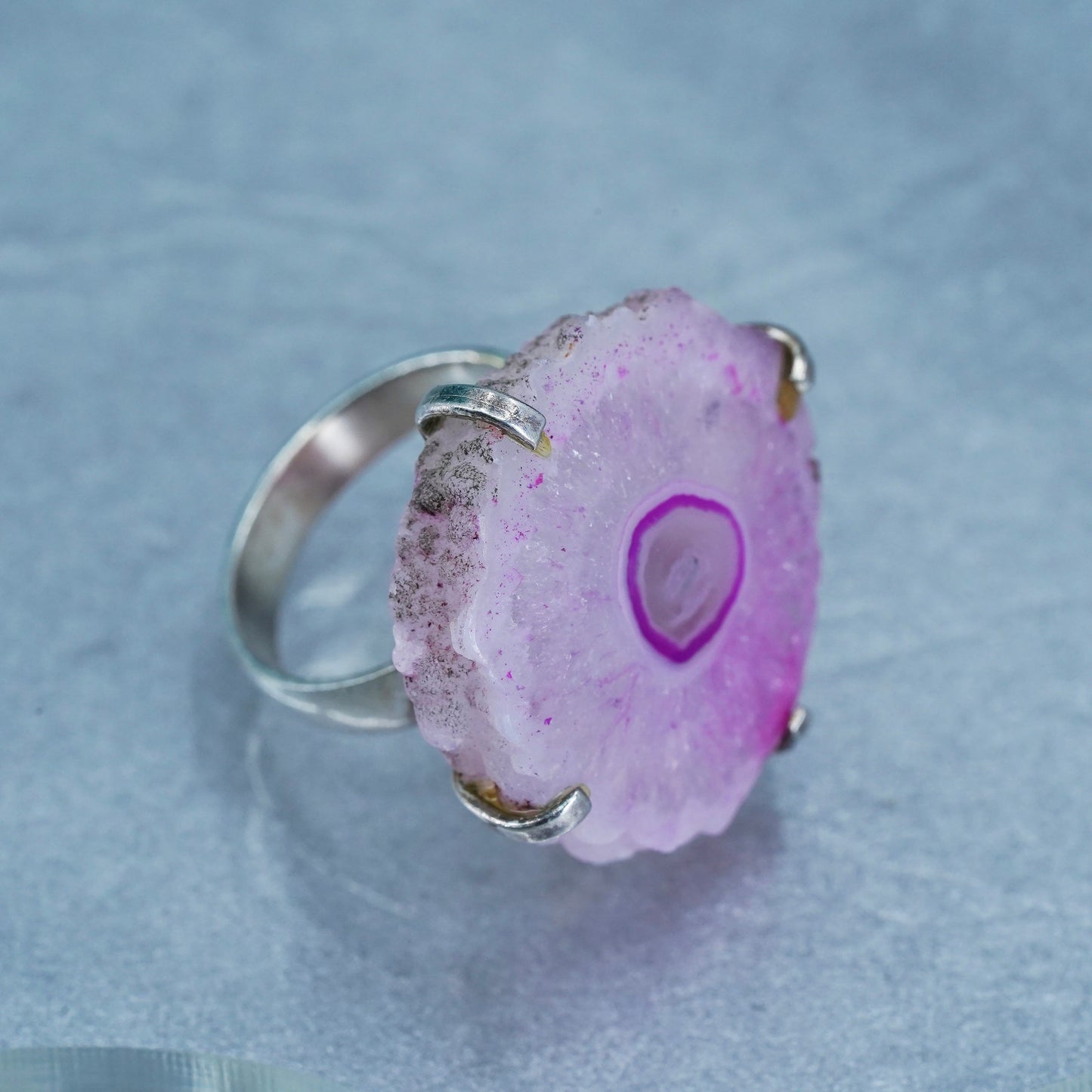 Size 7.25, vintage Sterling 925 silver handmade statement ring with pink agate