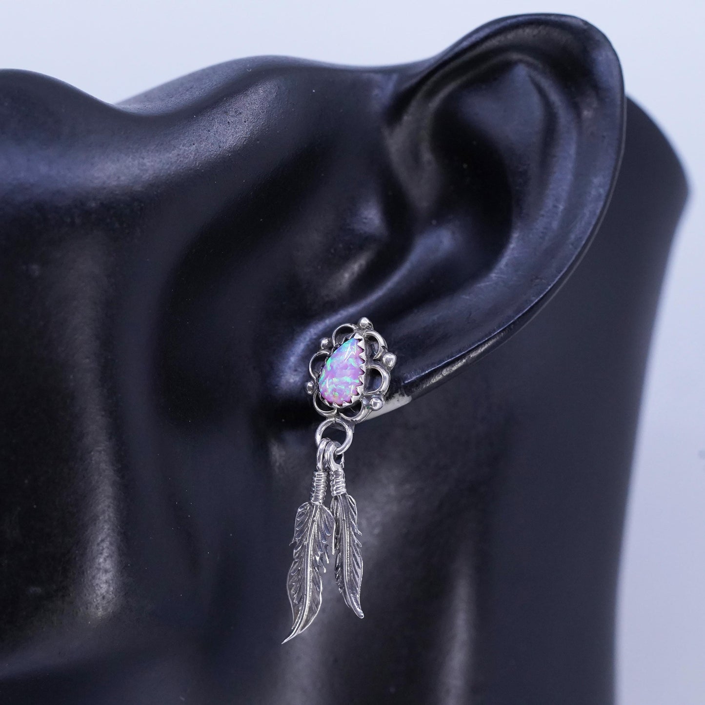 VTG Sterling silver handmade earrings, 925 teardrop studs opal feather dangles