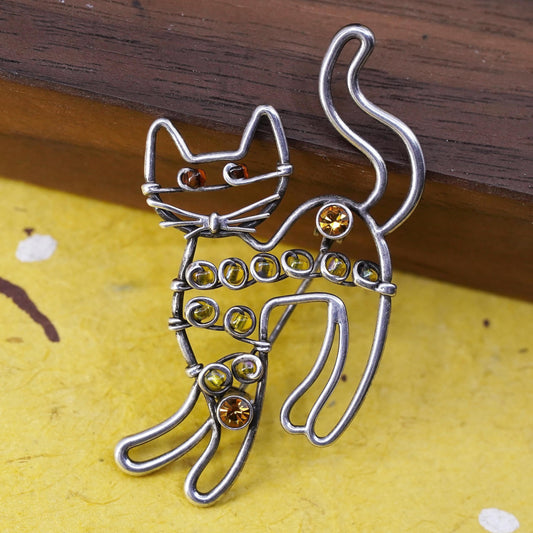 Vintage southwestern sterling 925 silver handmade kitty cat brooch pin amber