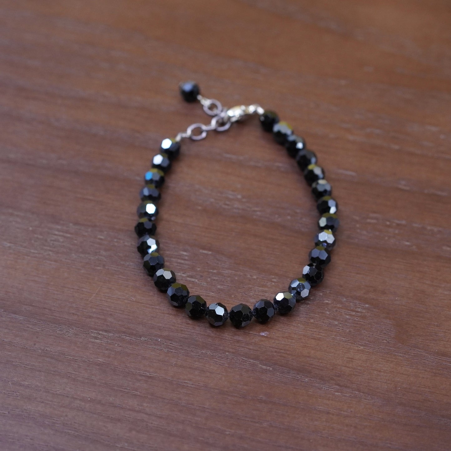 7”, vintage Sterling 925 silver beads bracelet with black crystal