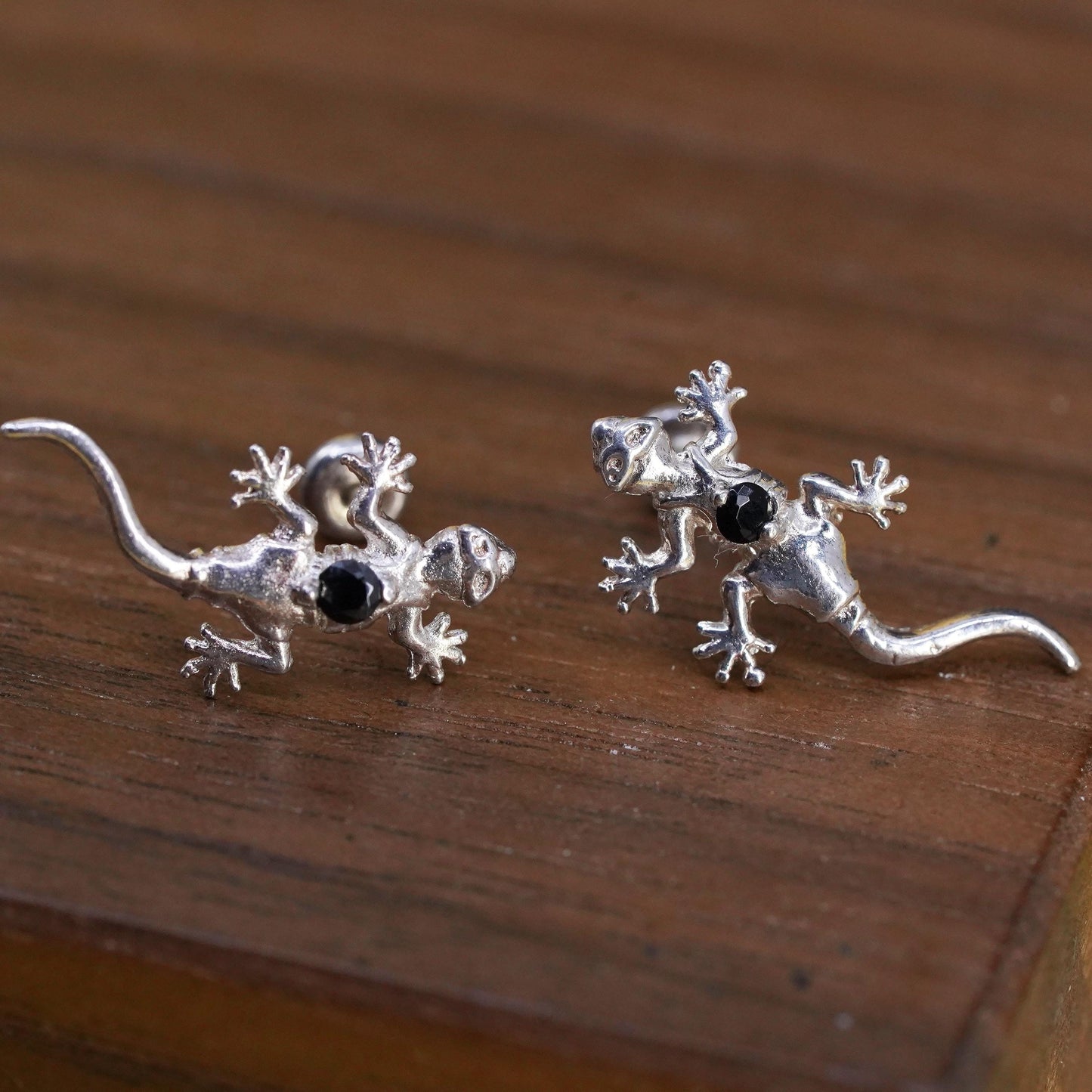 Vintage Sterling 925 silver lizard studs, earrings w/ black crystal screw back