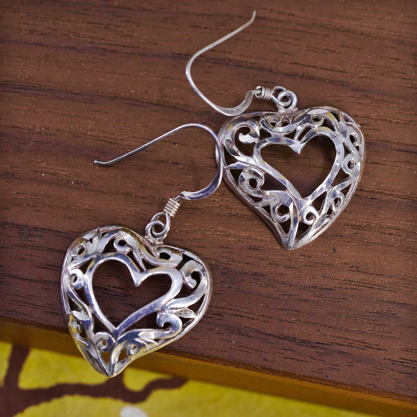 Vintage Sterling silver handmade earrings, 925 filigree heart drops