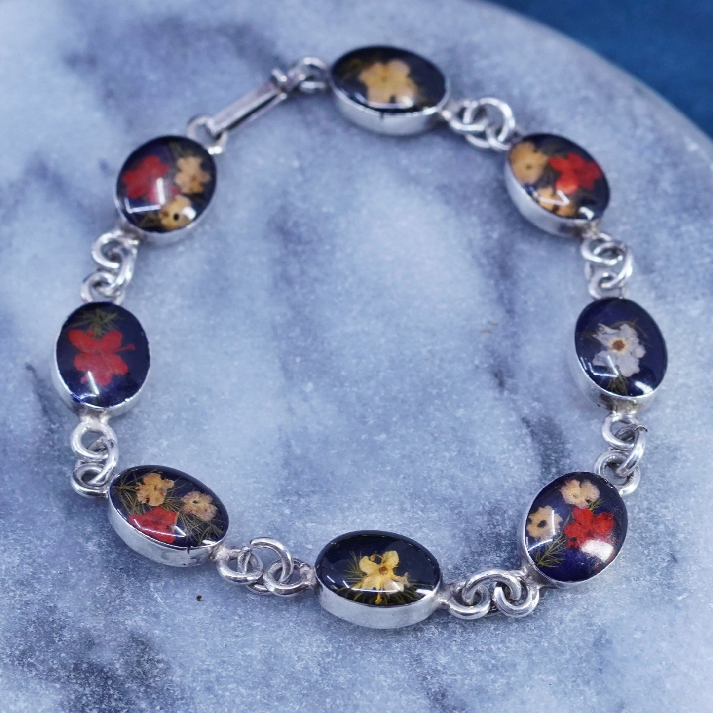 7.75”, vintage Sterling 925 silver handmade tennis bracelet with floral resin