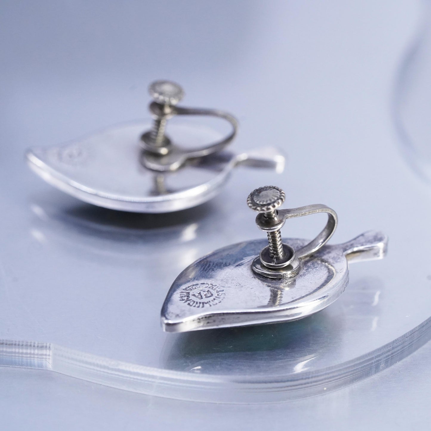 vtg Mexican PA Sterling 925 silver handmade earrings, leaf screw back abalone