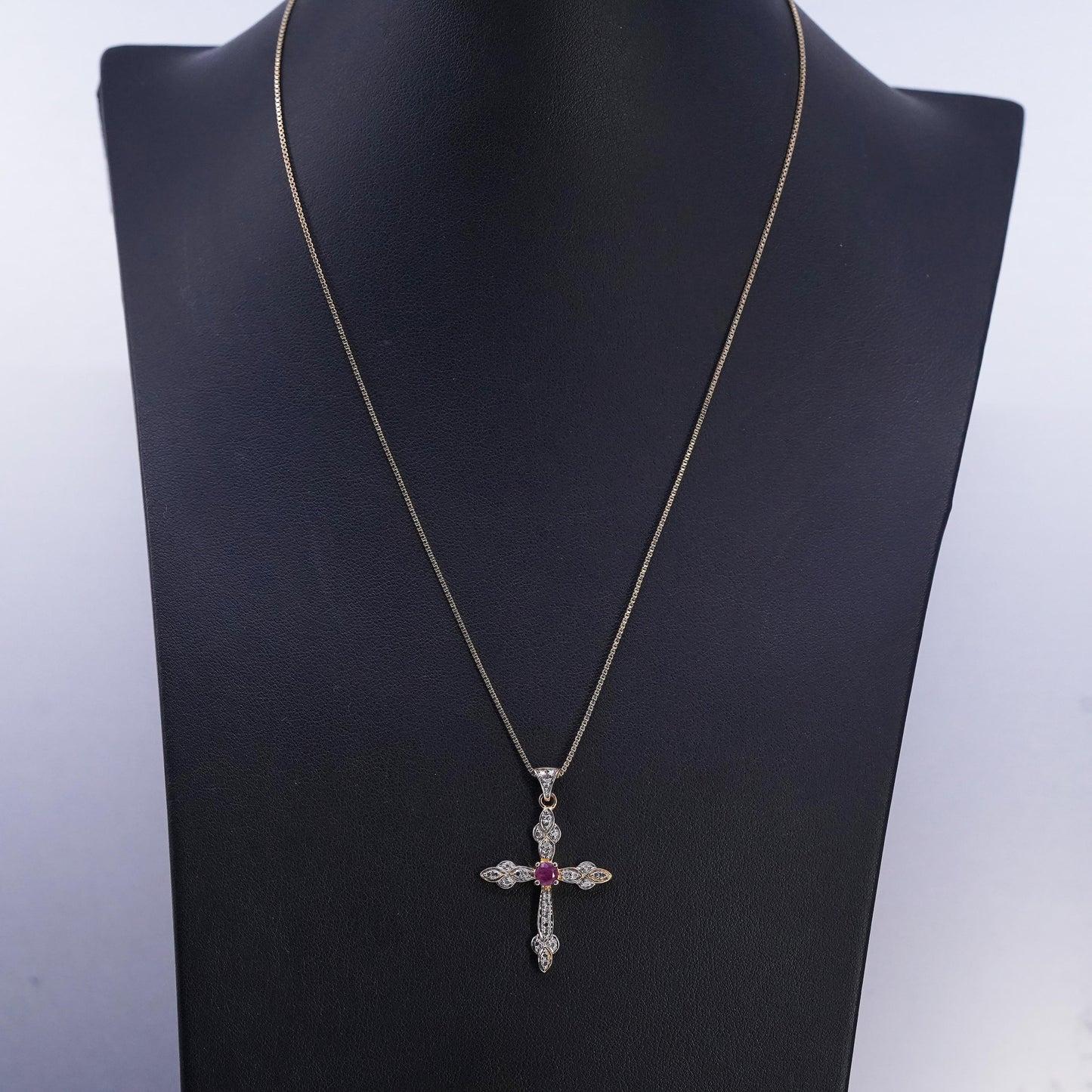 18", vermeil gold sterling 925 silver box necklace ruby diamonds cross pendant