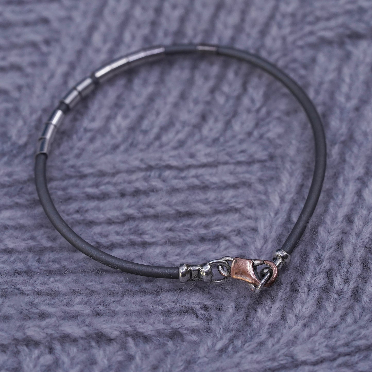 6.25”, Vintage Sterling silver handmade bracelet, 925 tube w/ gray rubber band