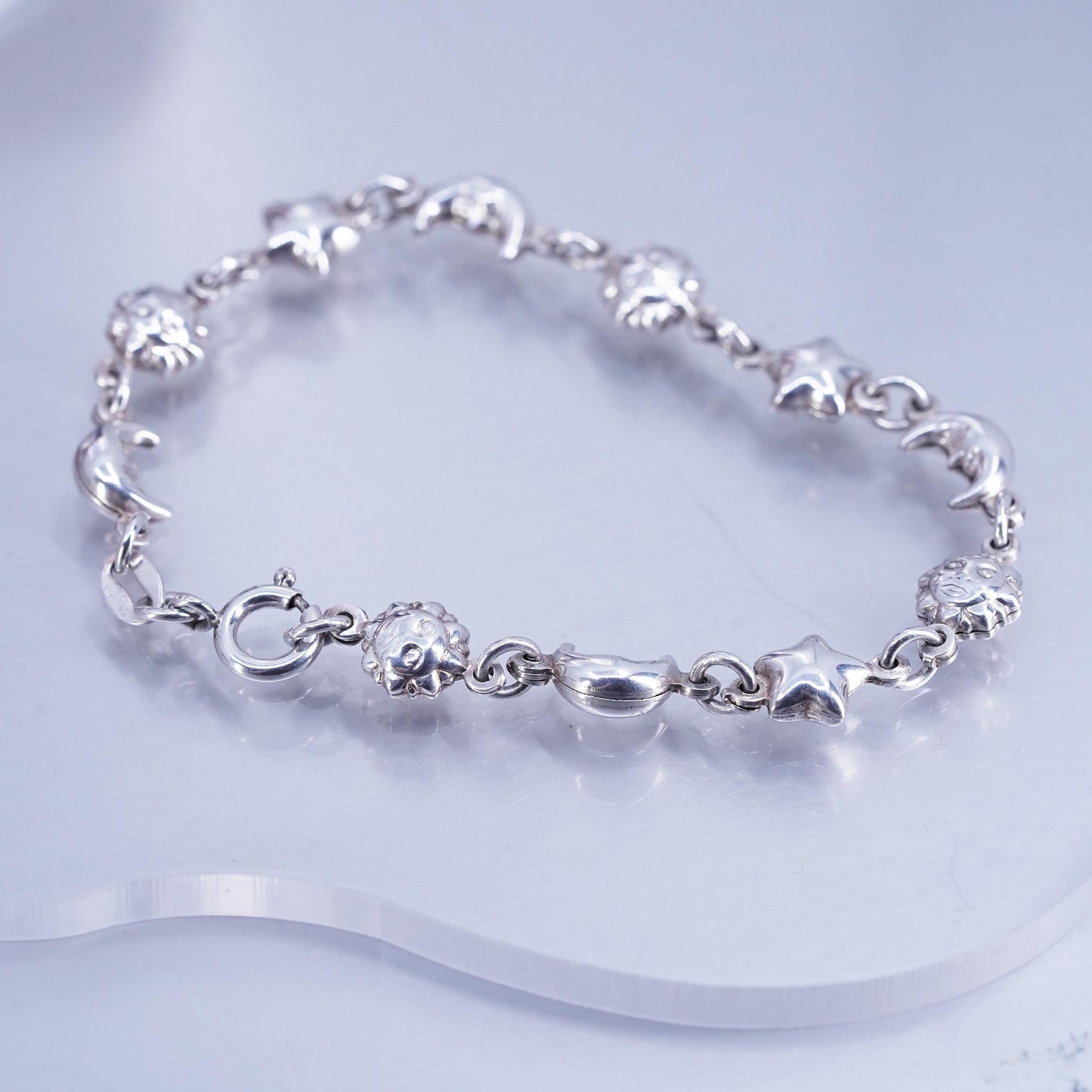 6.75”, Sterling 925 silver handmade puffy star moon sun chain bracelet