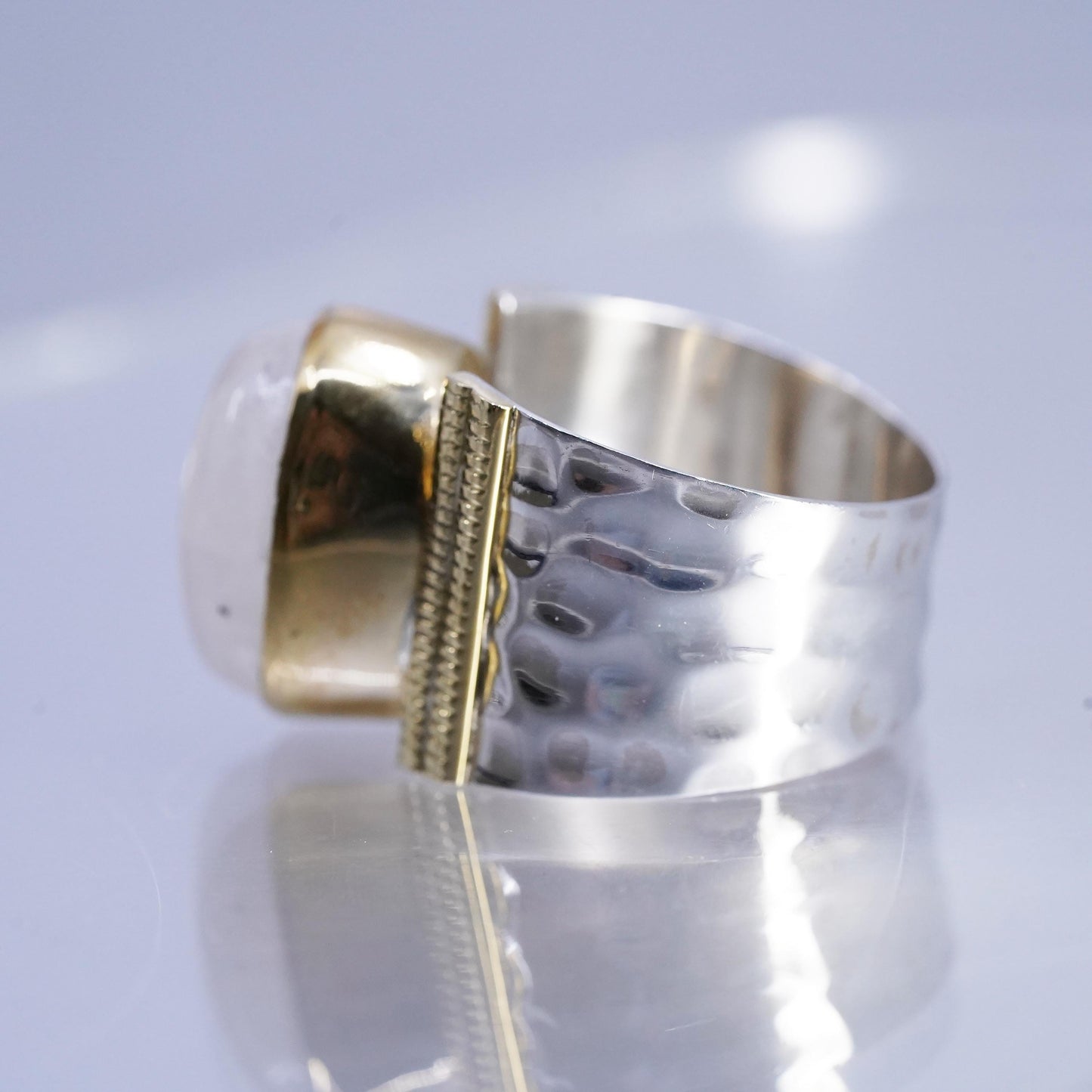 Size 9.25, vintage Indian YS two tone Sterling 925 silver ring oval moonstone