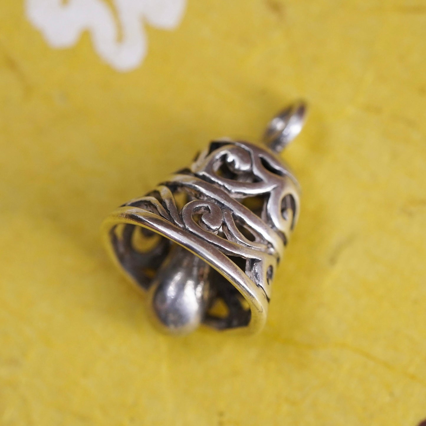 Sterling silver filigree charm, solid Mexico 925 silver bell pendant, chime