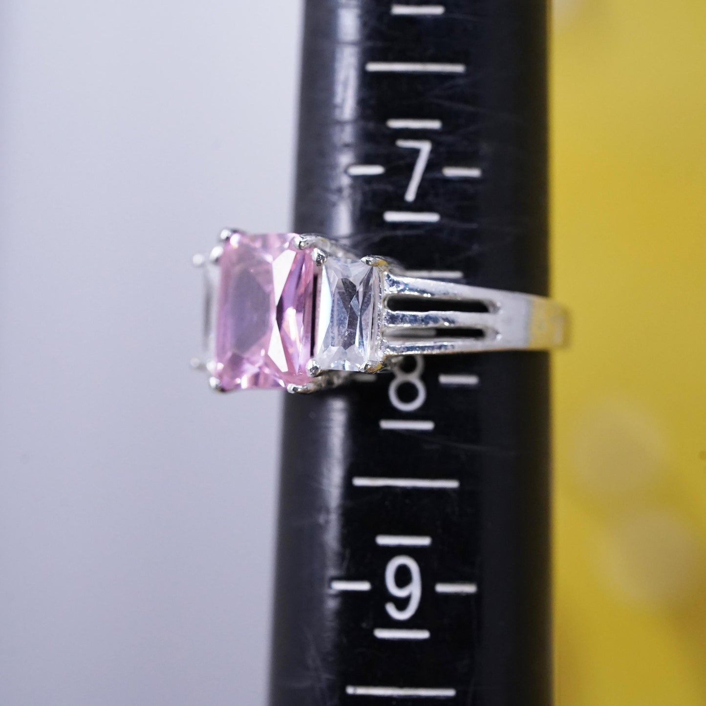Size 7.5, vintage Sterling 925 silver ring with pink crystal and clear cz