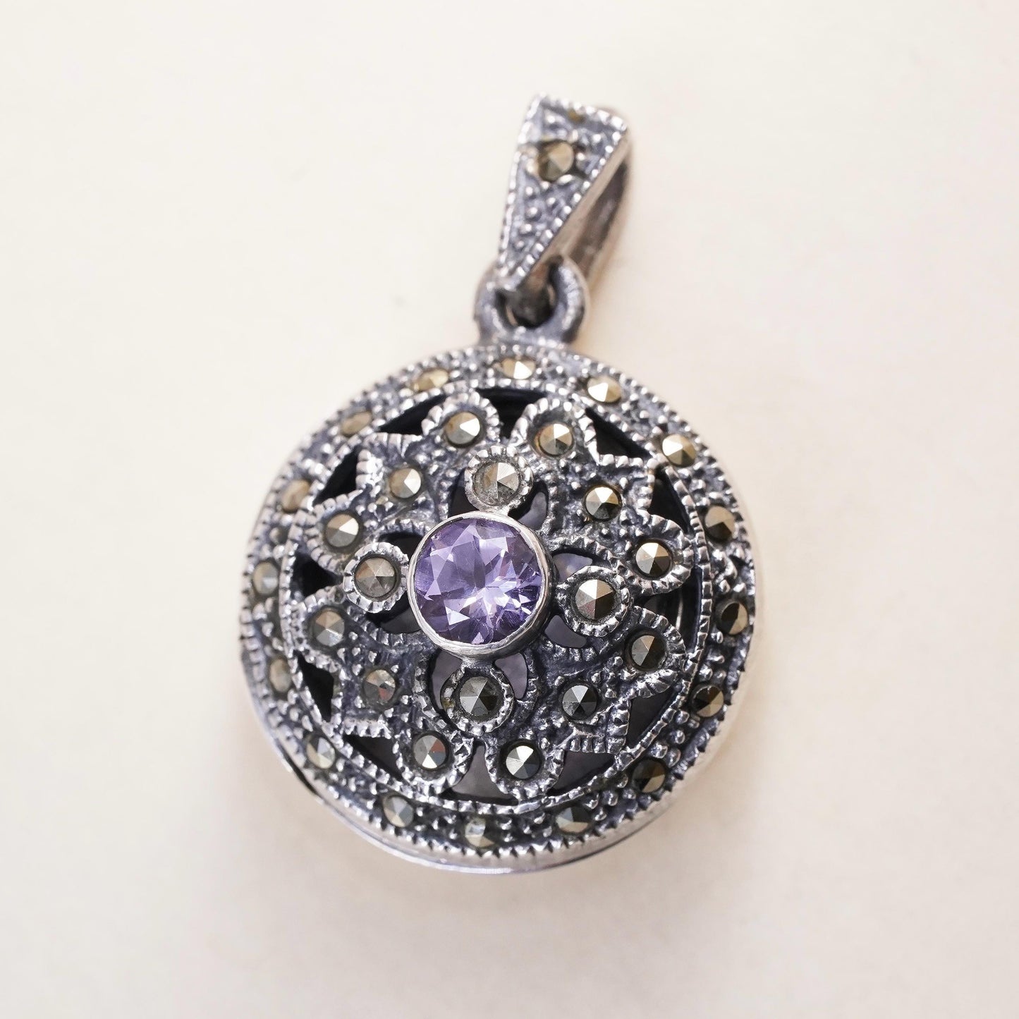Sterling silver prayer circle locket pendant, 925 charm marcasite amethyst