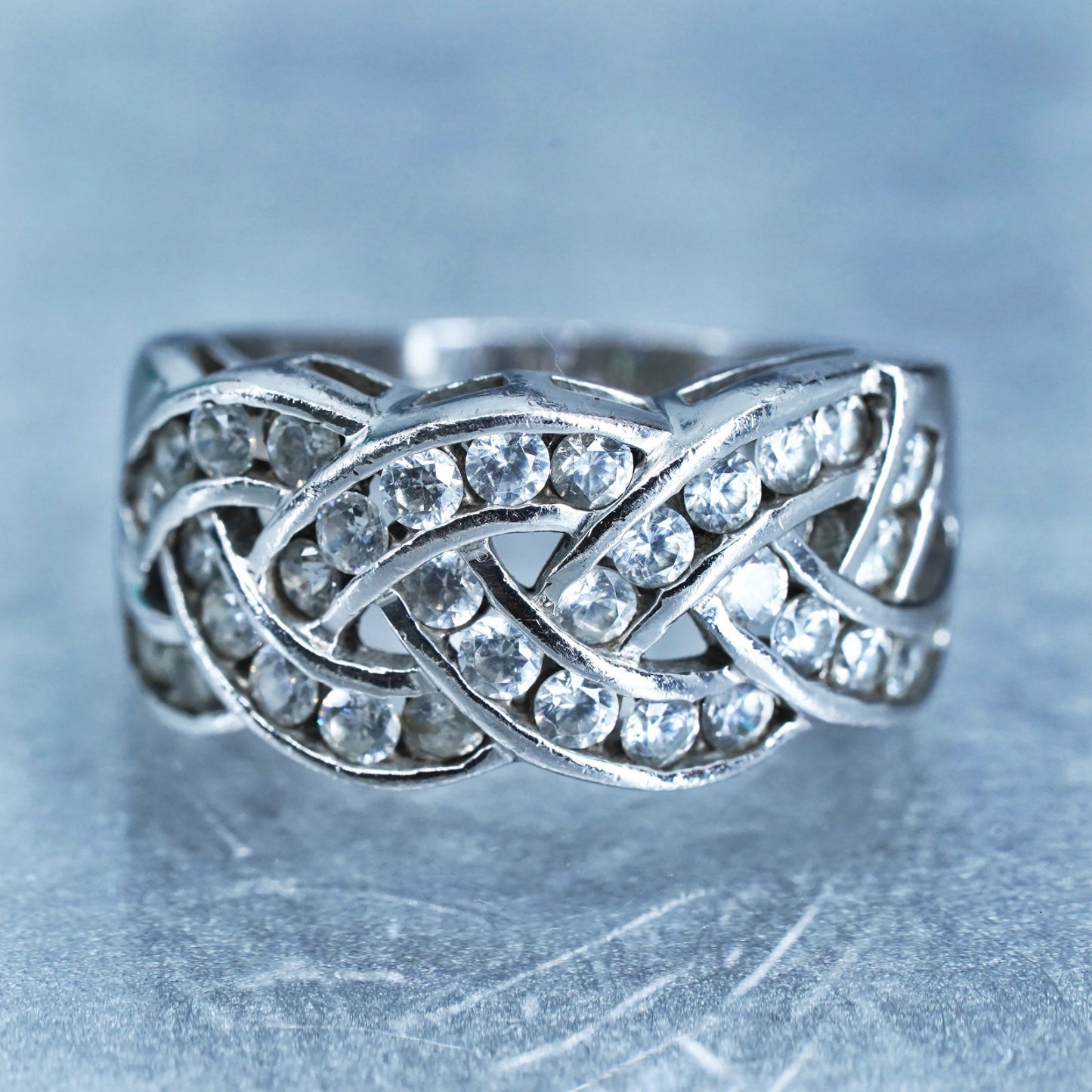 Size 5.75, vintage Sterling 925 silver handmade woven ring with cluster Cz