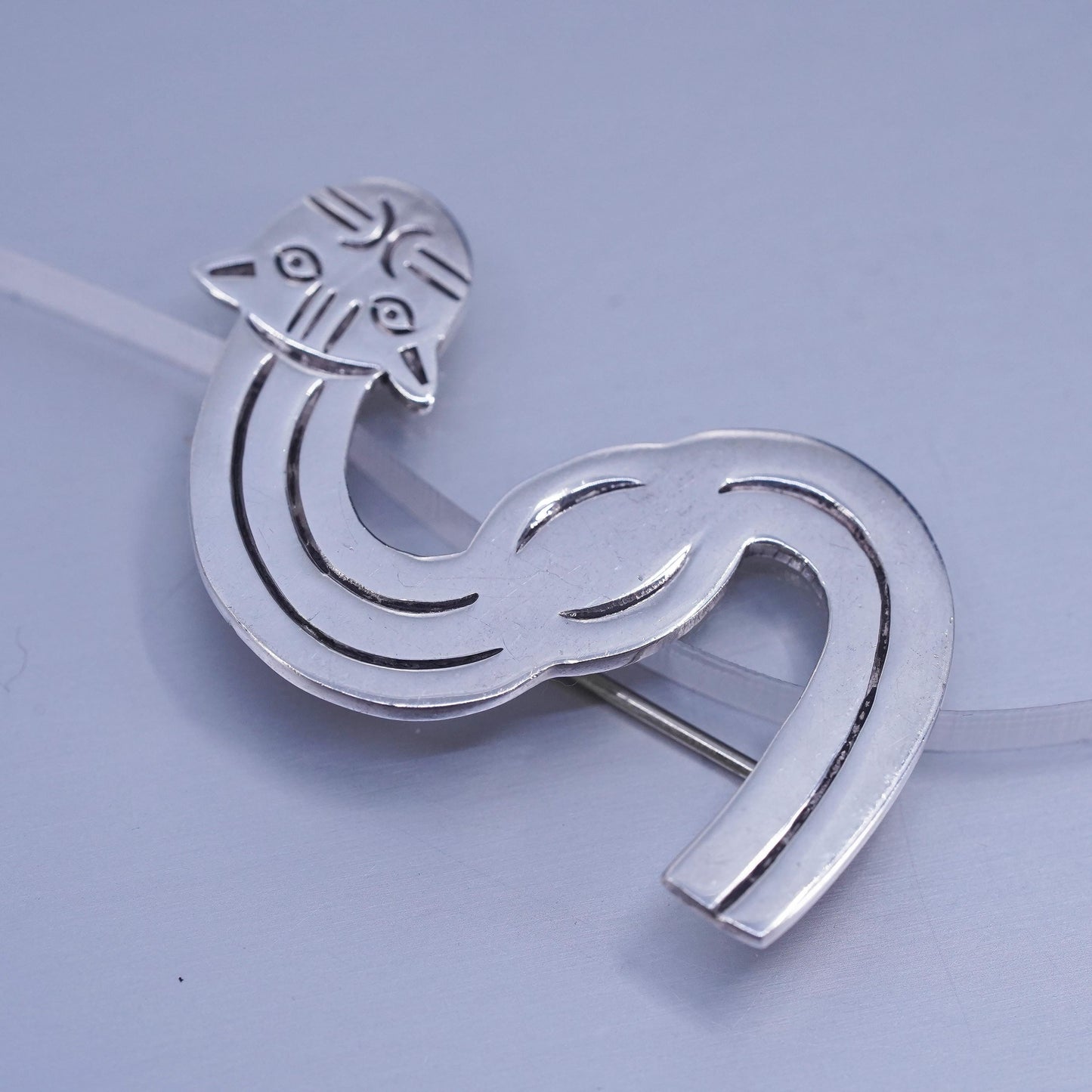 Vintage sterling silver handmade brooch, 925 letter S kitty cat pin