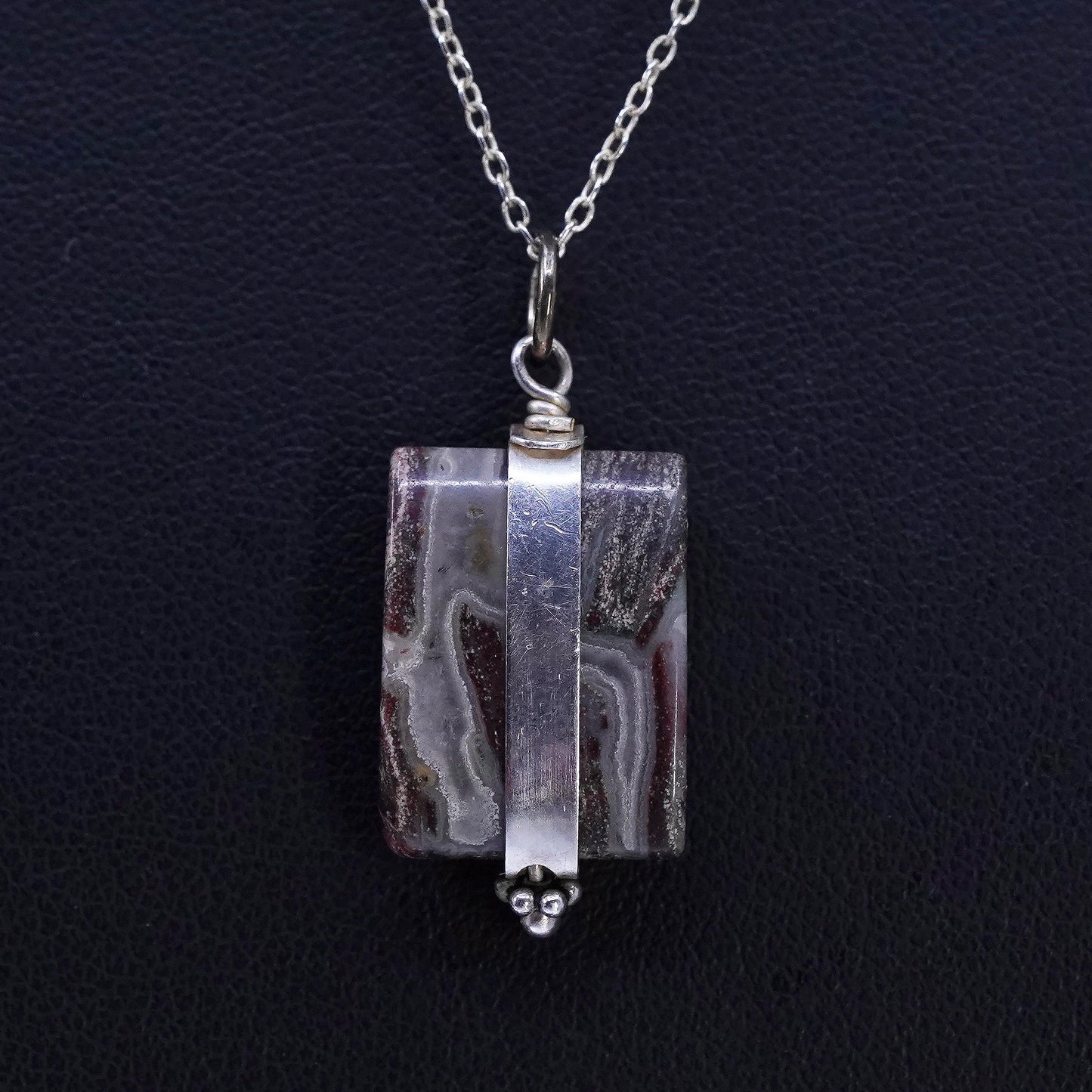 16", vintage Sterling 925 silver handmade circle necklace with agate pendant