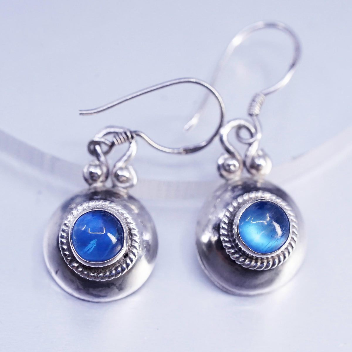 Sterling 925 Silver Blue Moonstone Cabochon Dangles, Artisan Rope Drop Earrings