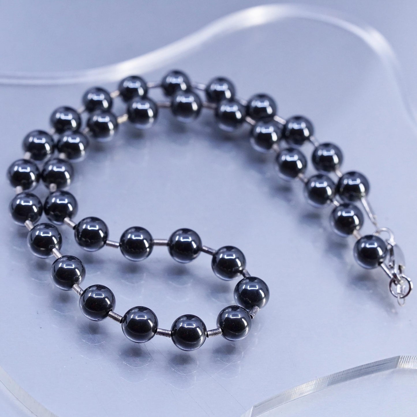 17" 7mm, Vintage Sterling 925 silver handmade necklace with hematite beads